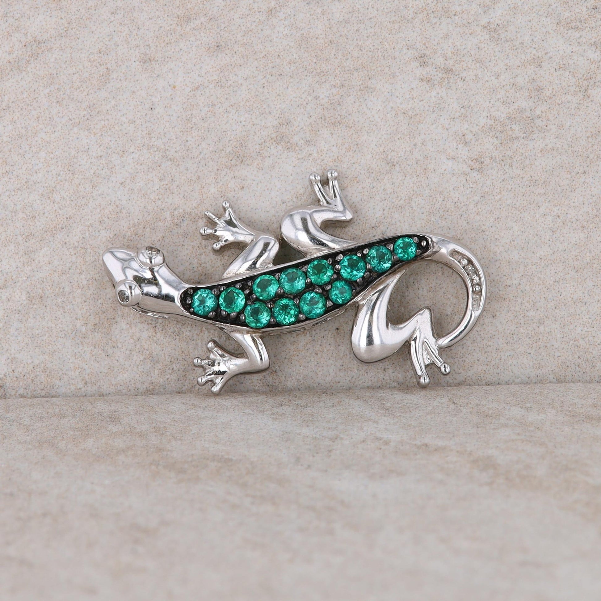 Sterling Silver Lizard with Green Synthetic Emerald Pendant