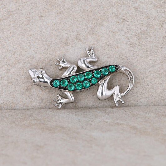 Sterling Silver Lizard with Green Synthetic Emerald Pendant