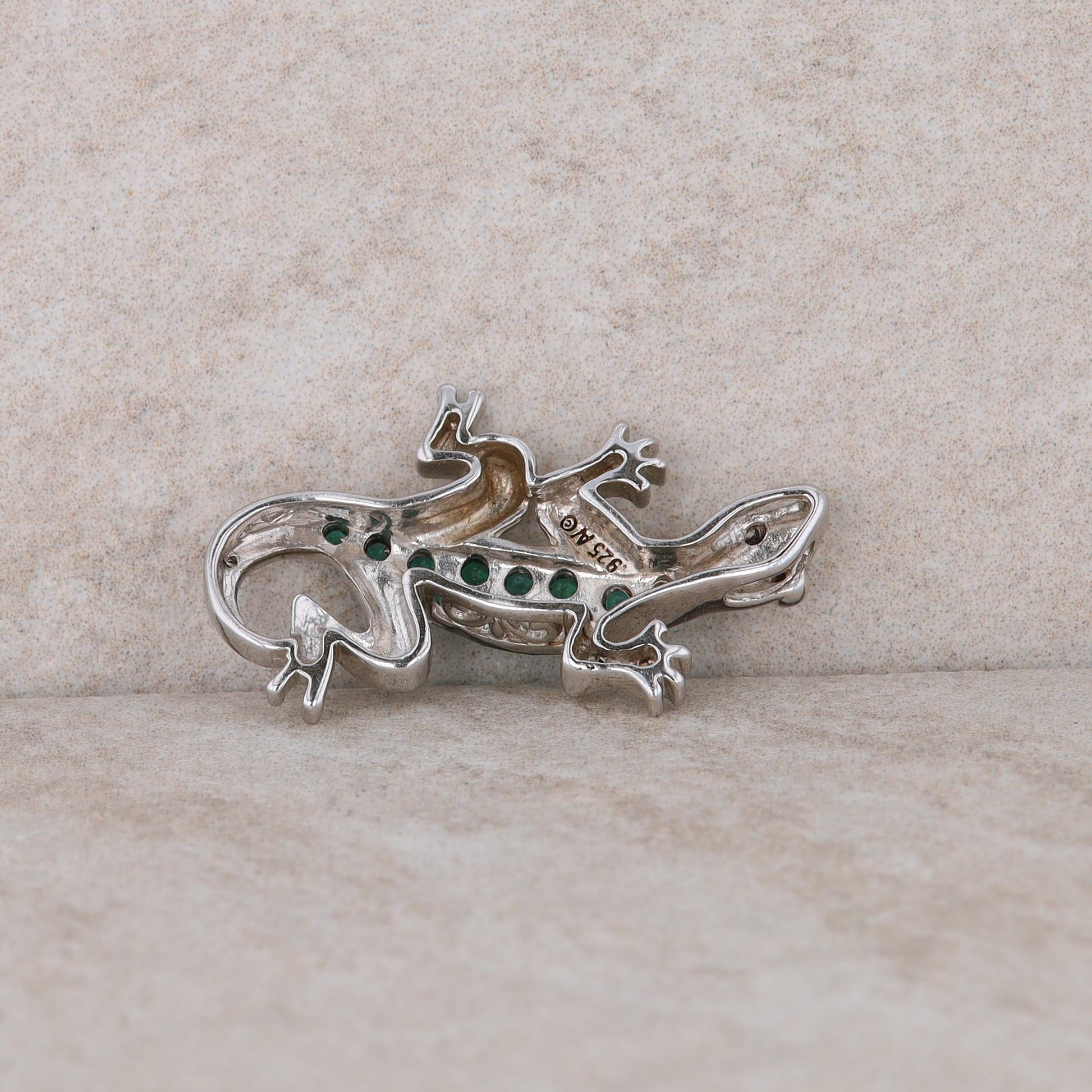 Sterling Silver Lizard with Green Synthetic Emerald Pendant