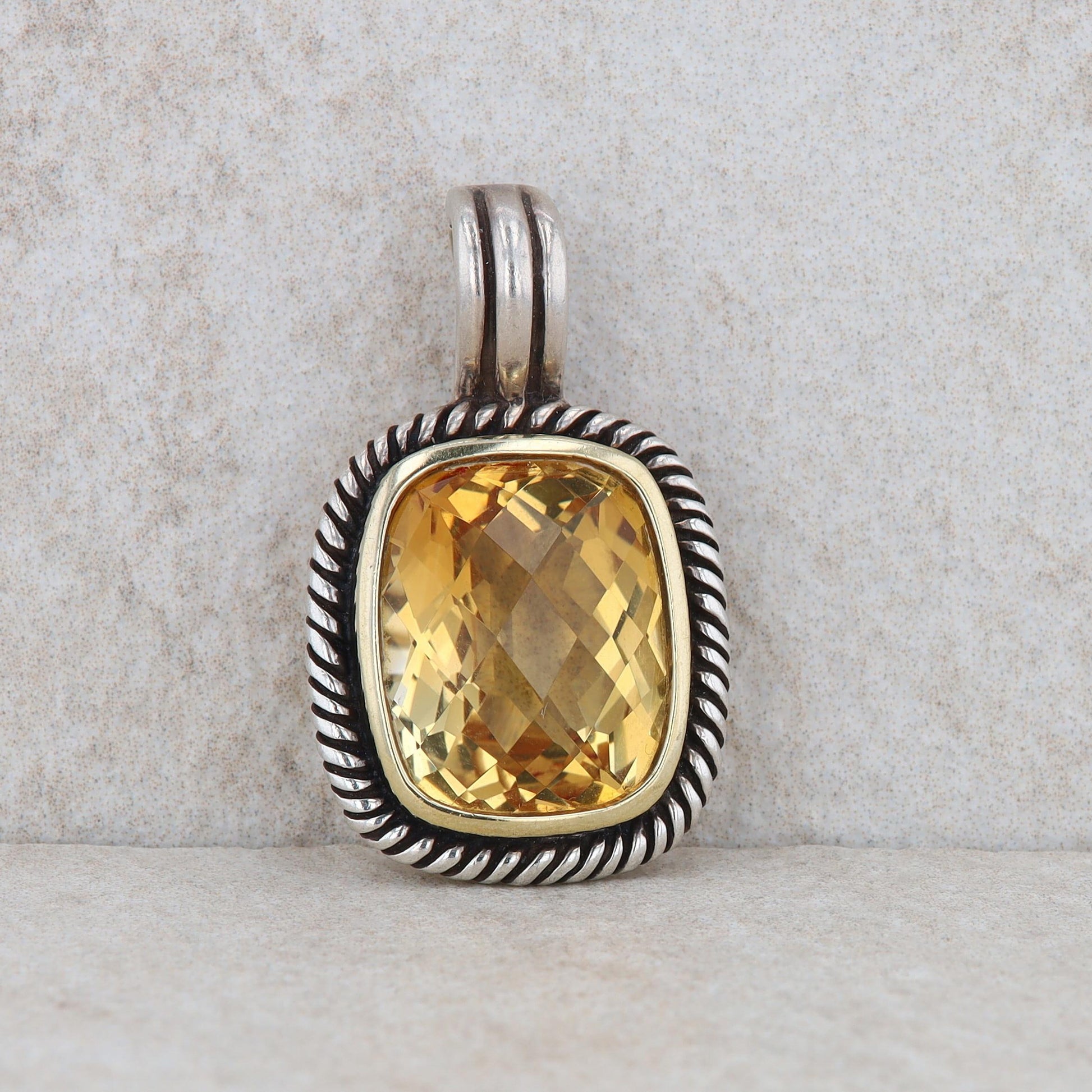 Sterling Silver Citrine and 14k Gold Faceted Cushion Roped Pendant Enhancer