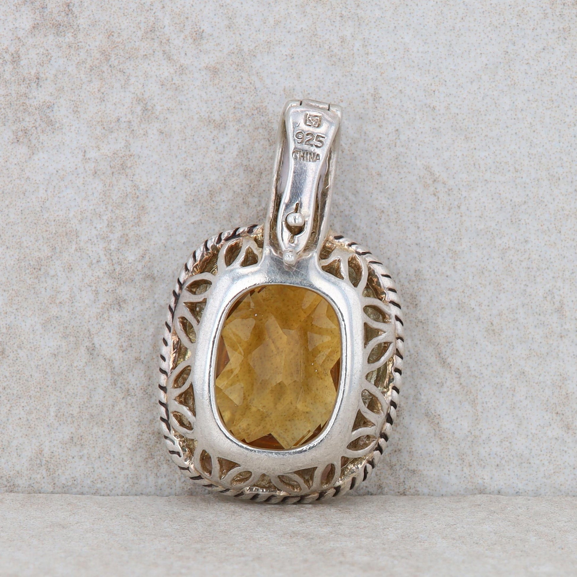 Sterling Silver Citrine and 14k Gold Faceted Cushion Roped Pendant Enhancer