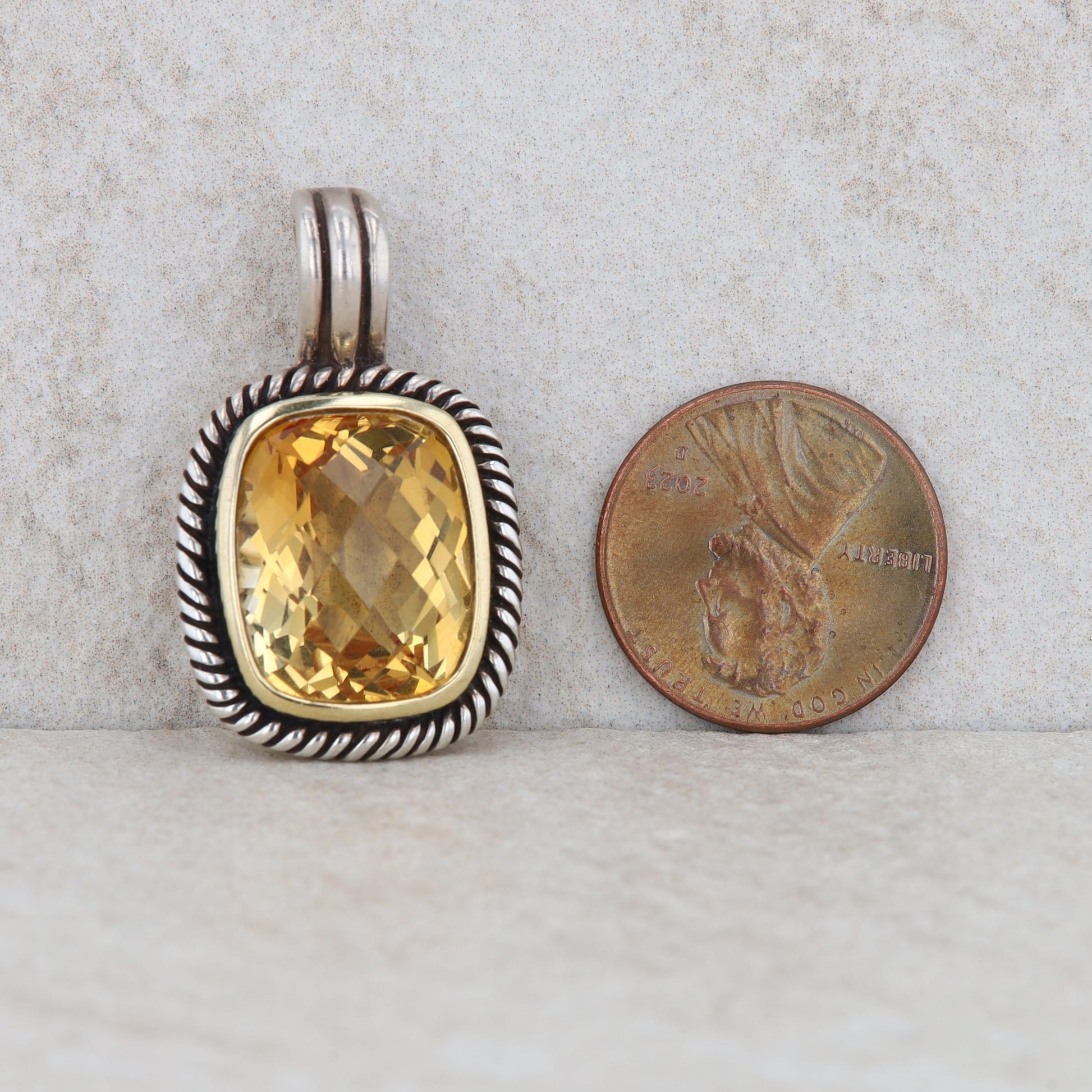 Sterling Silver Citrine and 14k Gold Faceted Cushion Roped Pendant Enhancer