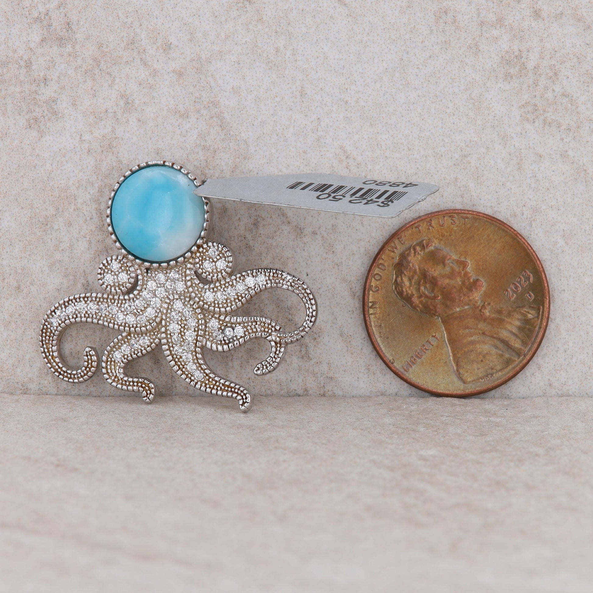 Sterling Silver Larimar and Cubic Zirconia Squid Pendant