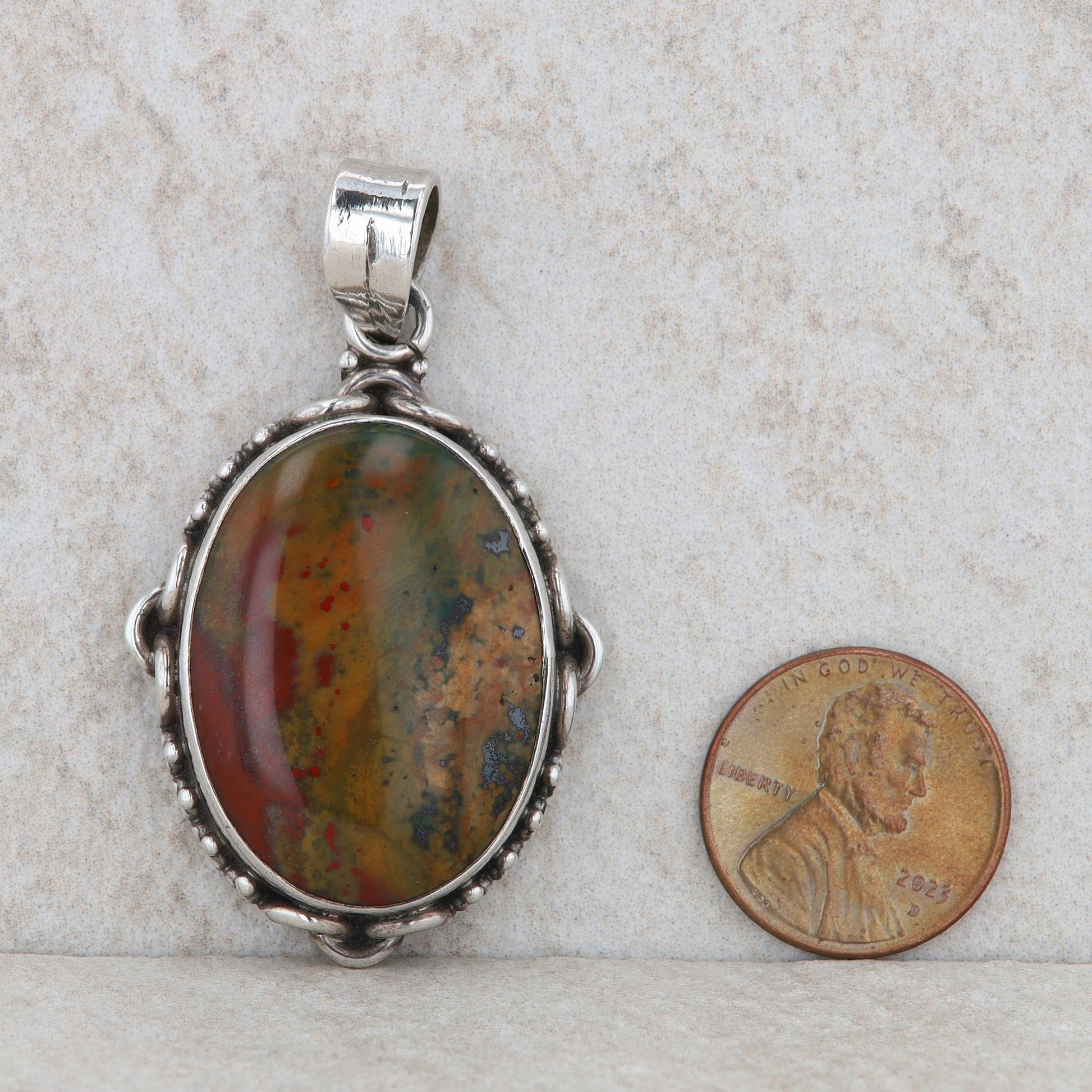 Sterling Silver Jasper Oval Filigree Pendant