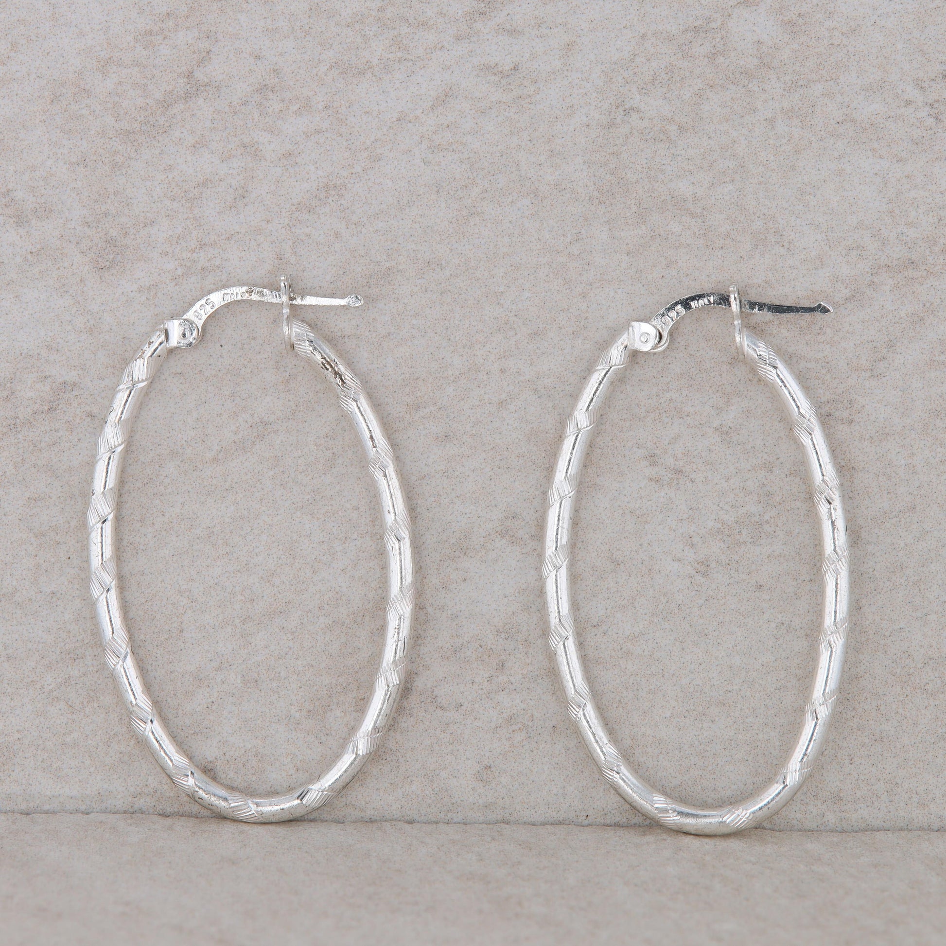 Sterling Silver Textured Oval Hoop Earrings 3.8g