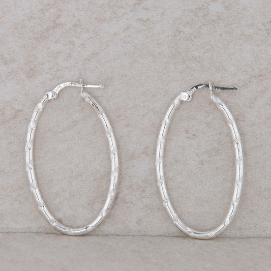 Sterling Silver Textured Oval Hoop Earrings 3.8g