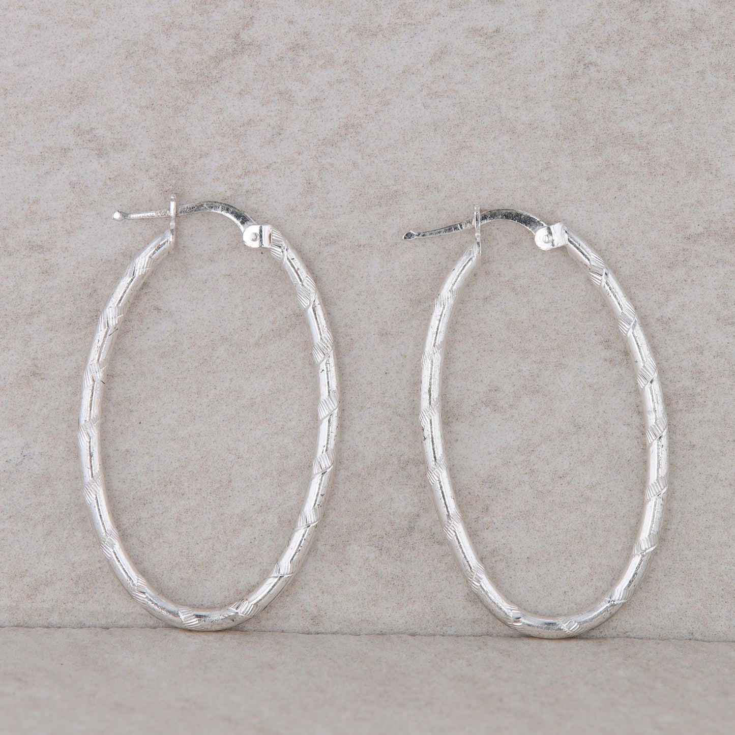 Sterling Silver Textured Oval Hoop Earrings 3.8g