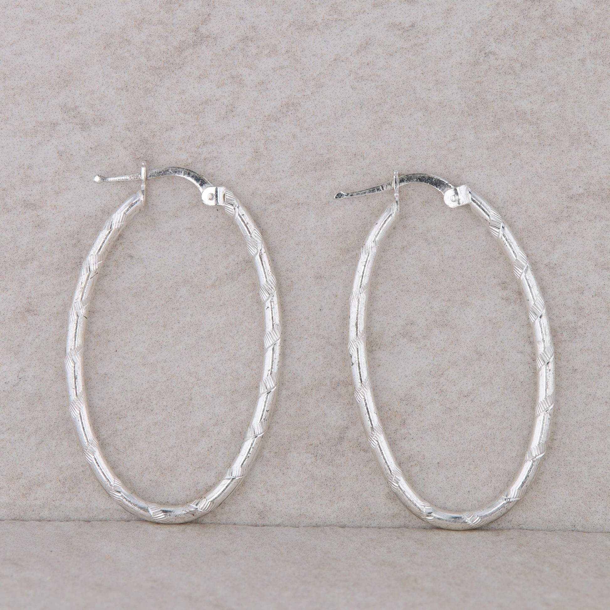 Sterling Silver Textured Oval Hoop Earrings 3.8g