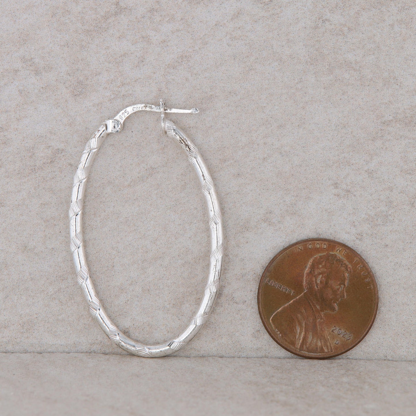 Sterling Silver Textured Oval Hoop Earrings 3.8g