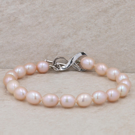 Sterling Silver Pink Cultured Oval Pearl Strand Cancer Ribbon Toggle Bracelet