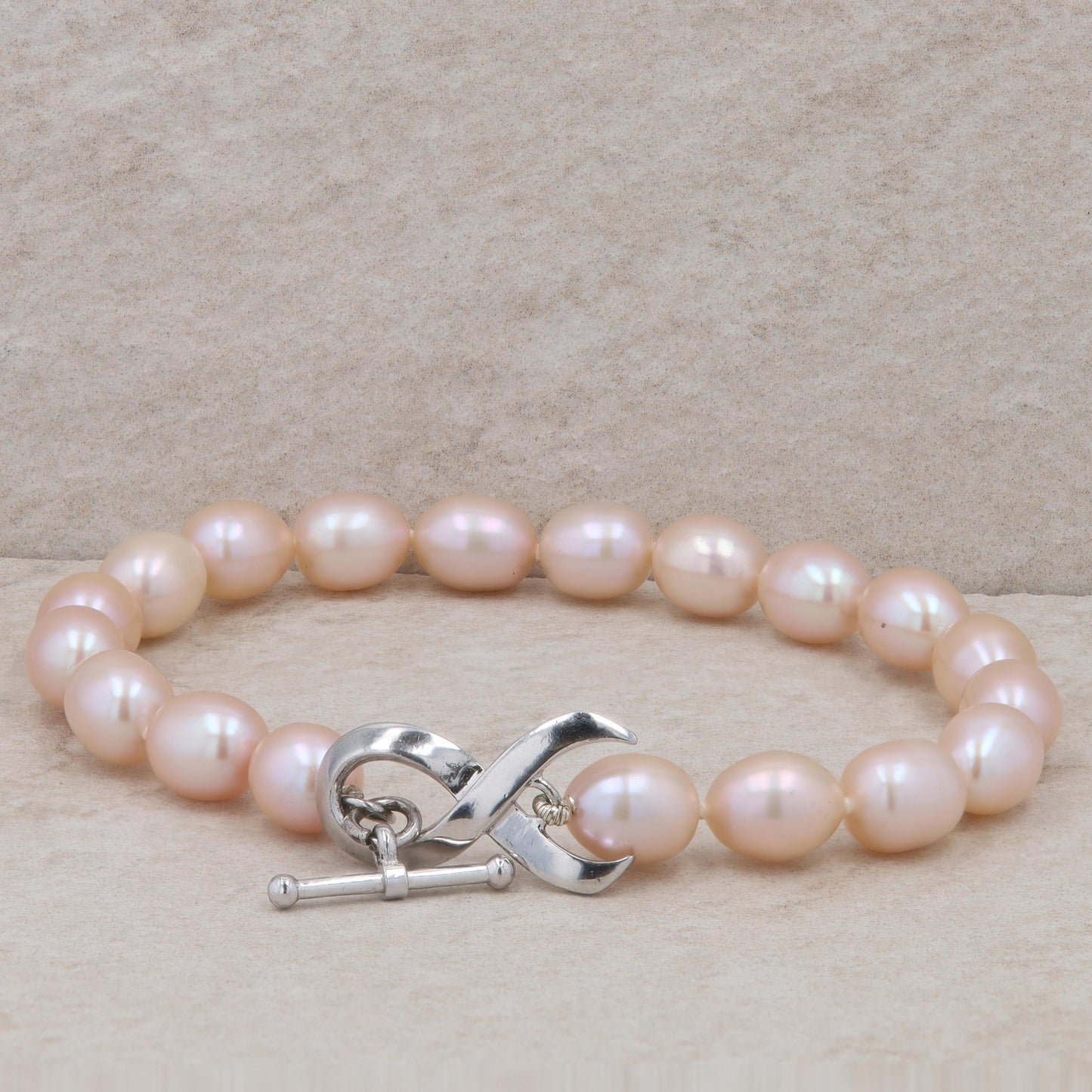 Sterling Silver Pink Cultured Oval Pearl Strand Cancer Ribbon Toggle Bracelet