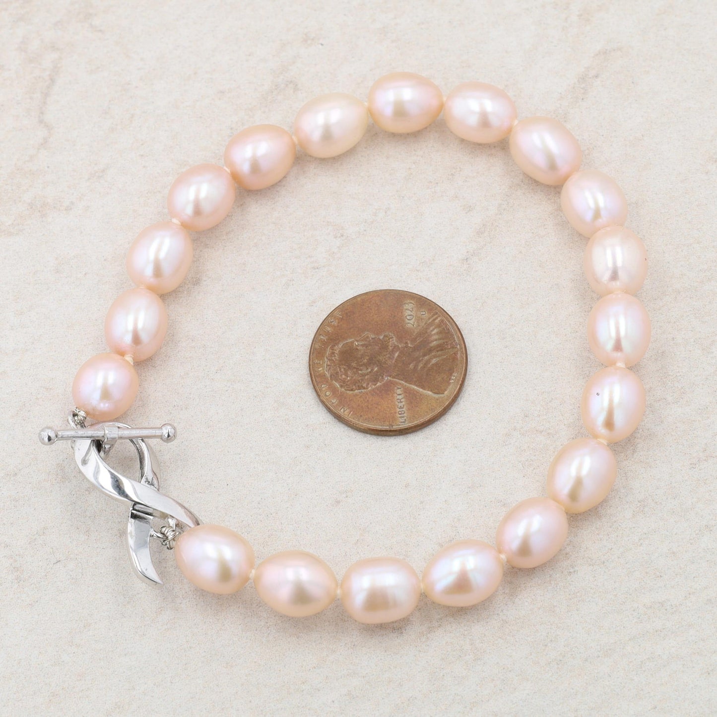 Sterling Silver Pink Cultured Oval Pearl Strand Cancer Ribbon Toggle Bracelet