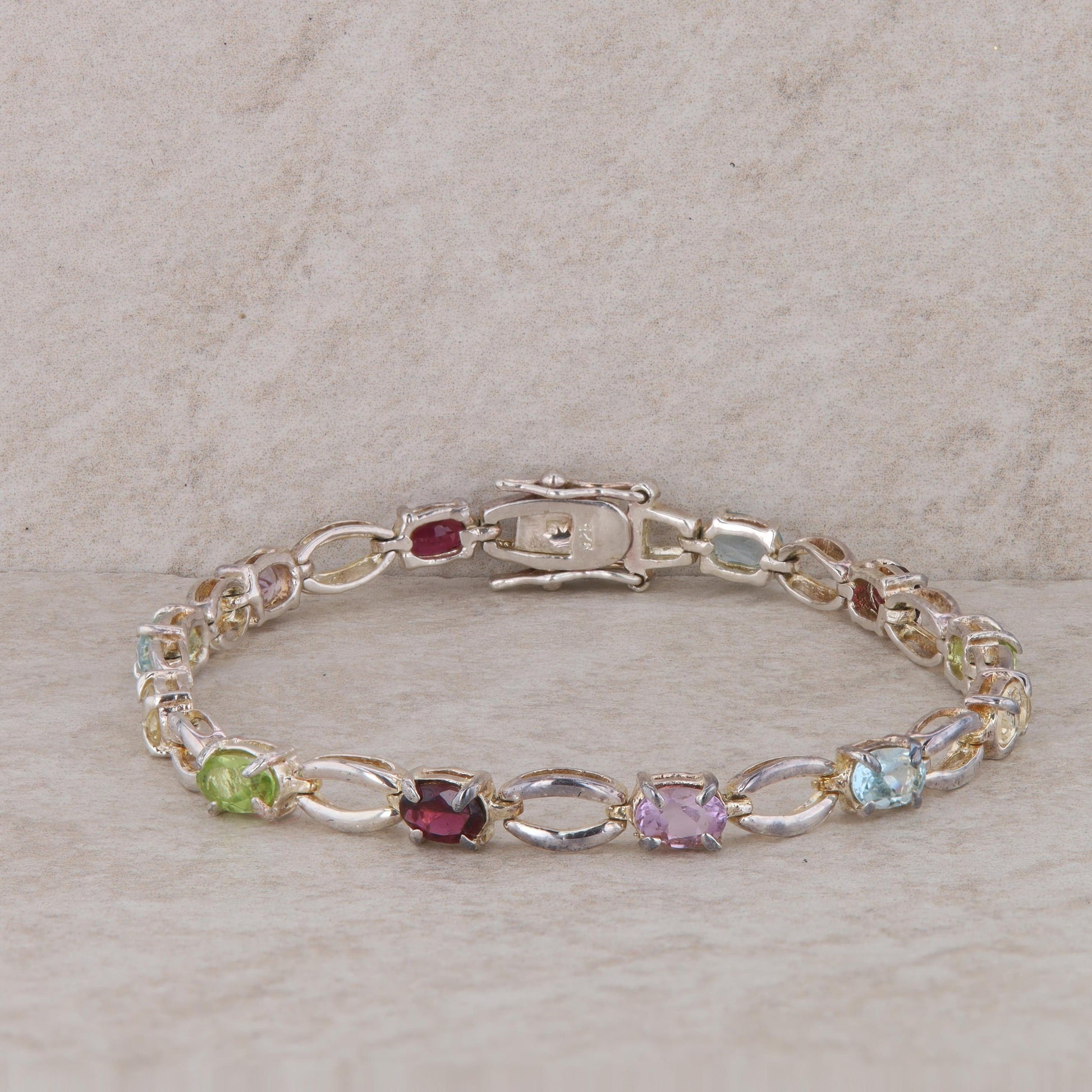 Sterling Silver Multi Gemstone Link Bracelet