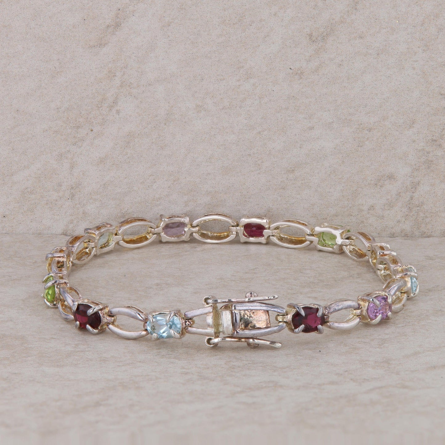 Sterling Silver Multi Gemstone Link Bracelet