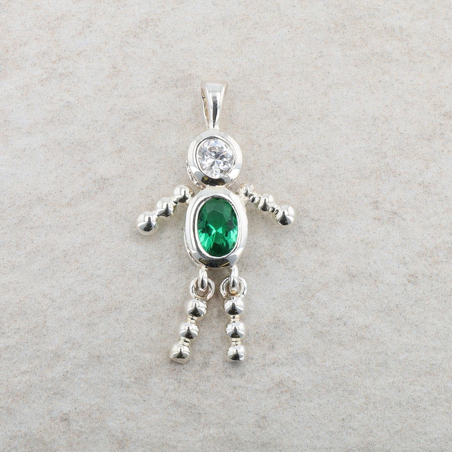 Sterling Silver Baby Boy May Birthstone Imitation Emerald Charm 2.24g