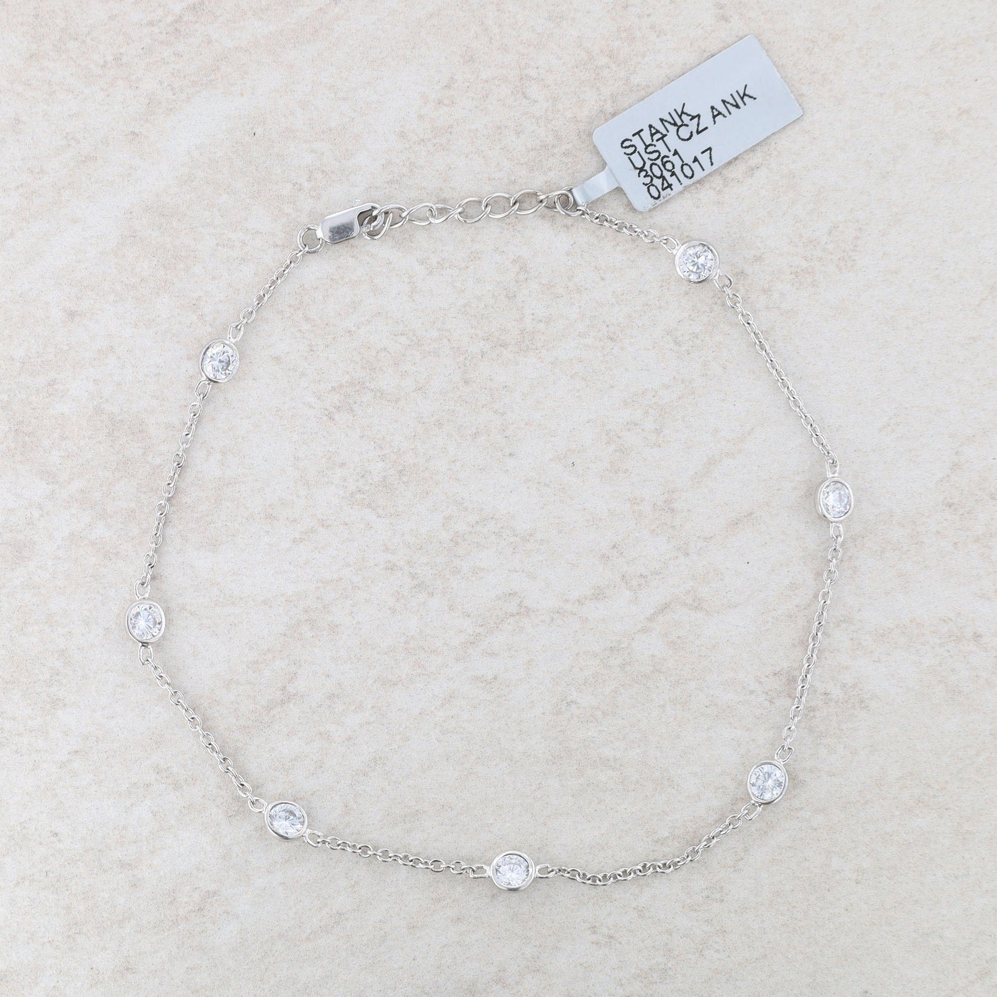 Sterling Silver Bezel Set Cubic Zirconia Station Anklet with Extender 10"