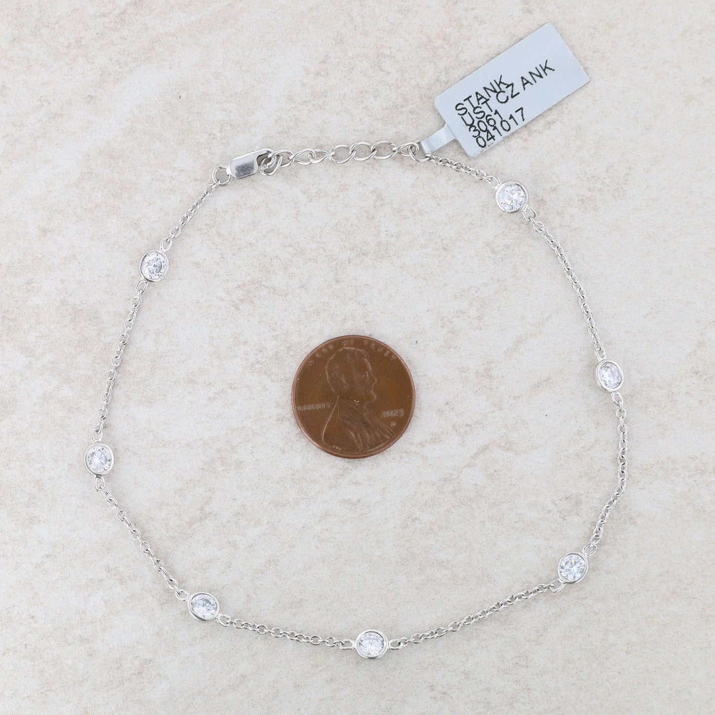 Sterling Silver Bezel Set Cubic Zirconia Station Anklet with Extender 10"