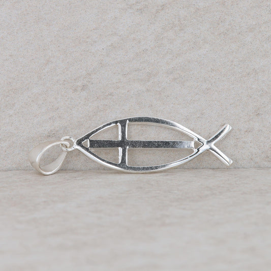 Sterling Silver Christian Fish Symbol with Cross Pendant 2.52g