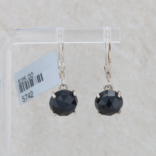 Sterling Silver Round Onyx Checkerboard Cut Dangle Earrings