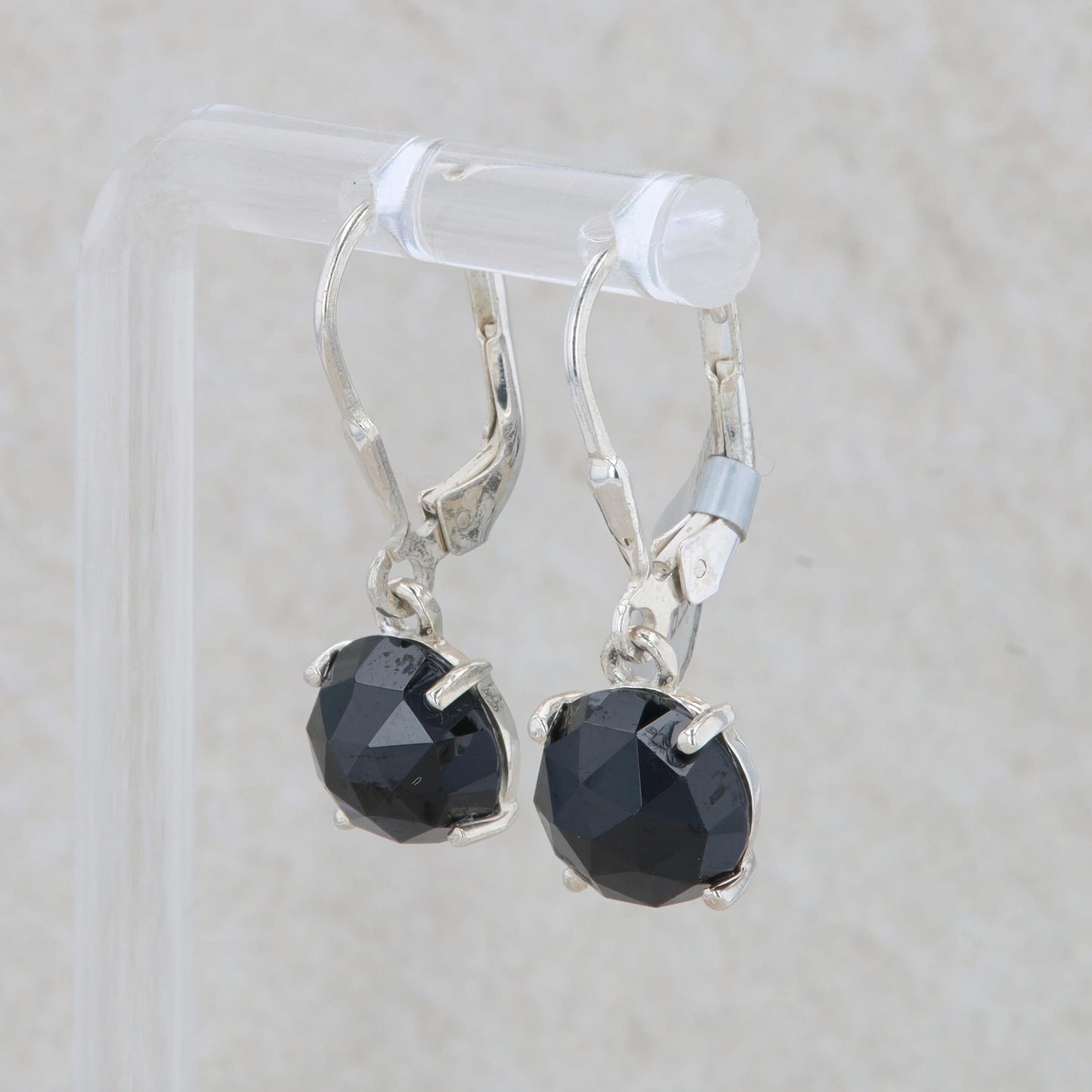 Sterling Silver Round Onyx Checkerboard Cut Dangle Earrings