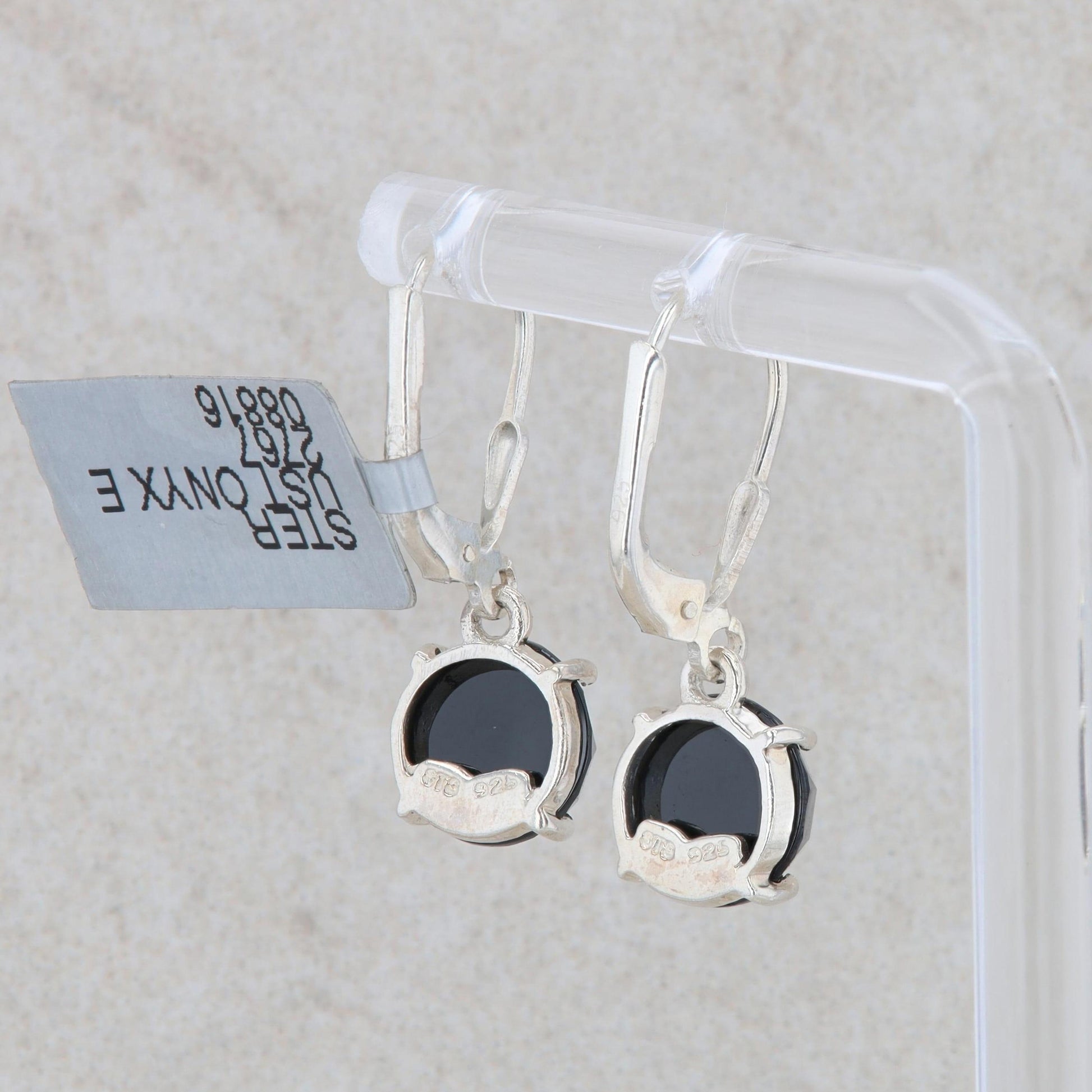 Sterling Silver Round Onyx Checkerboard Cut Dangle Earrings