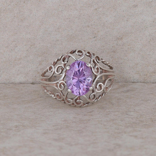 Sterling Silver Oval Lavender Cubic Zirconia Filigree Ring