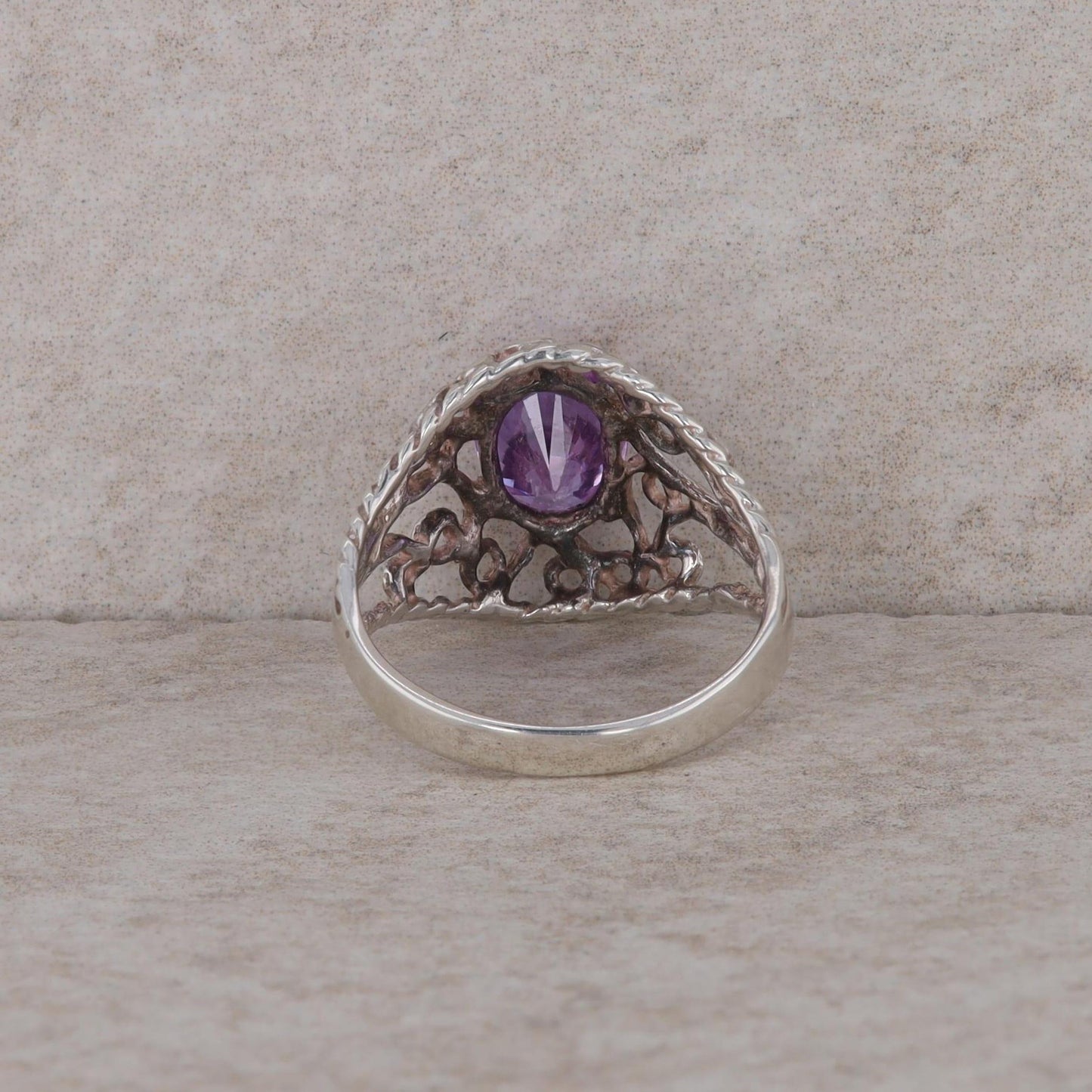 Sterling Silver Oval Lavender Cubic Zirconia Filigree Ring