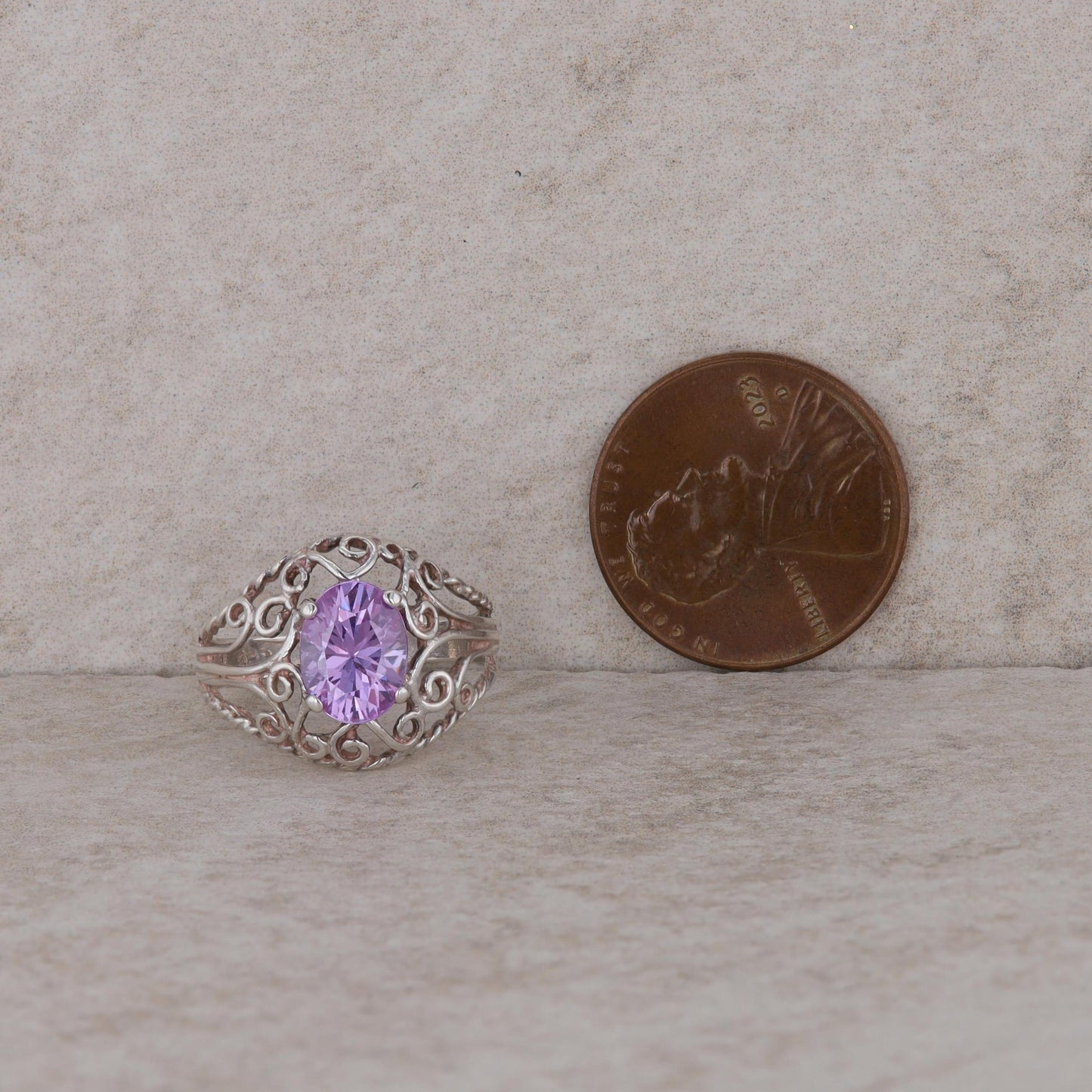 Sterling Silver Oval Lavender Cubic Zirconia Filigree Ring