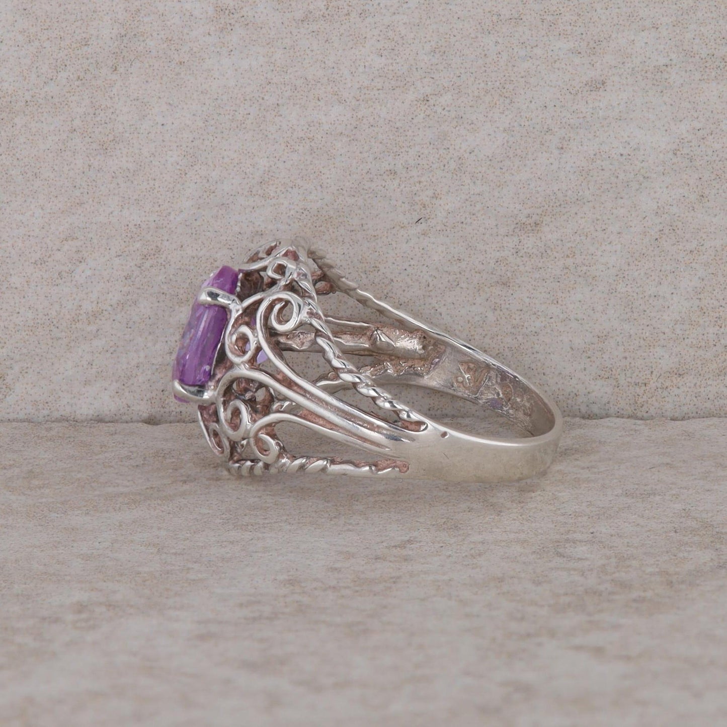 Sterling Silver Oval Lavender Cubic Zirconia Filigree Ring