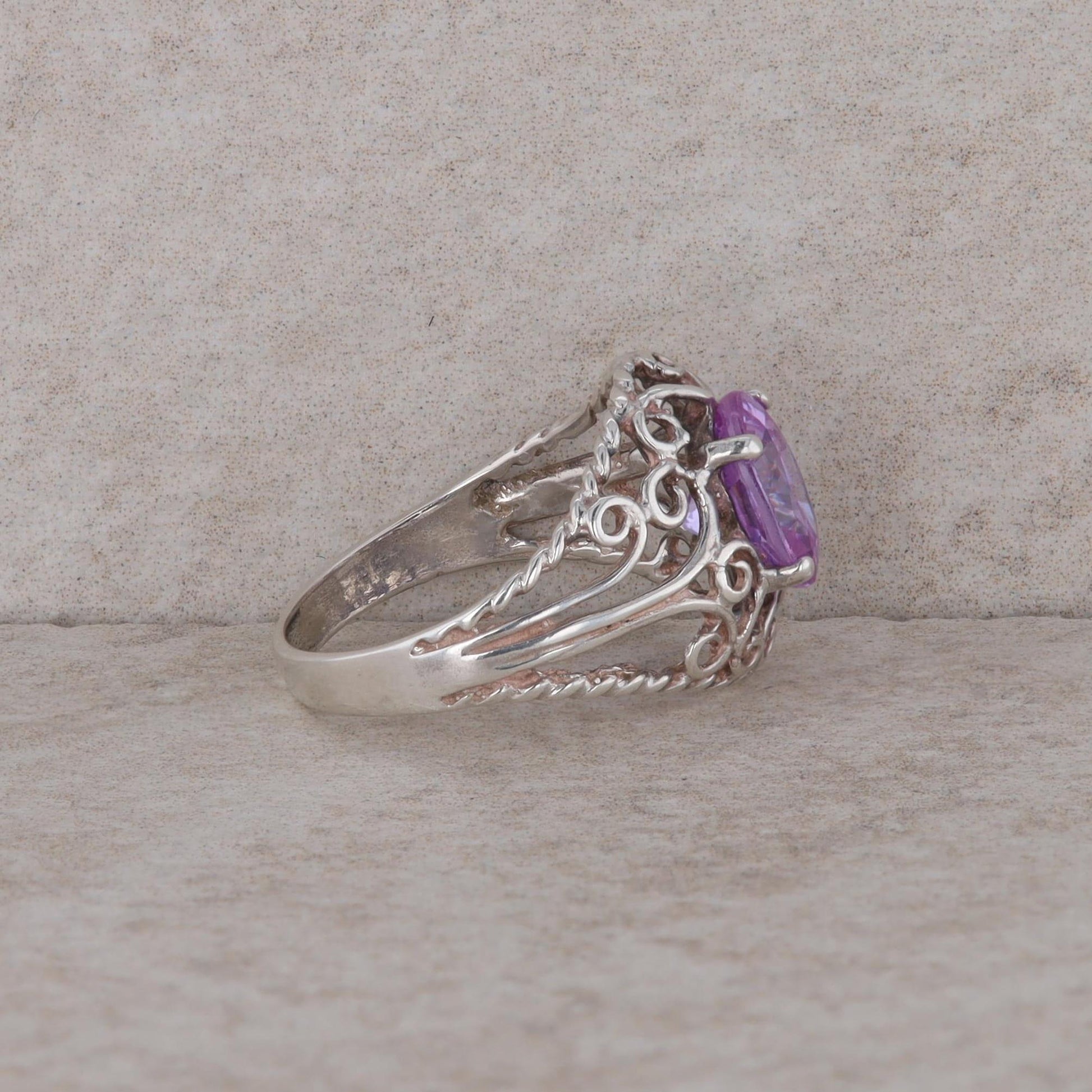 Sterling Silver Oval Lavender Cubic Zirconia Filigree Ring