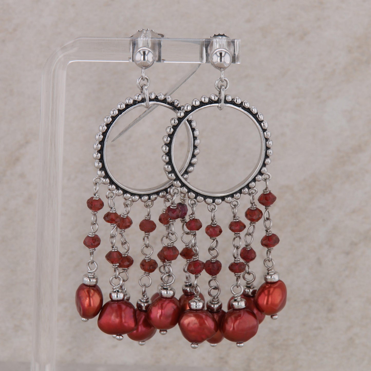 Sterling Silver Garnet Beaded Red Dyed Cultured Pearl Dangle Earrings