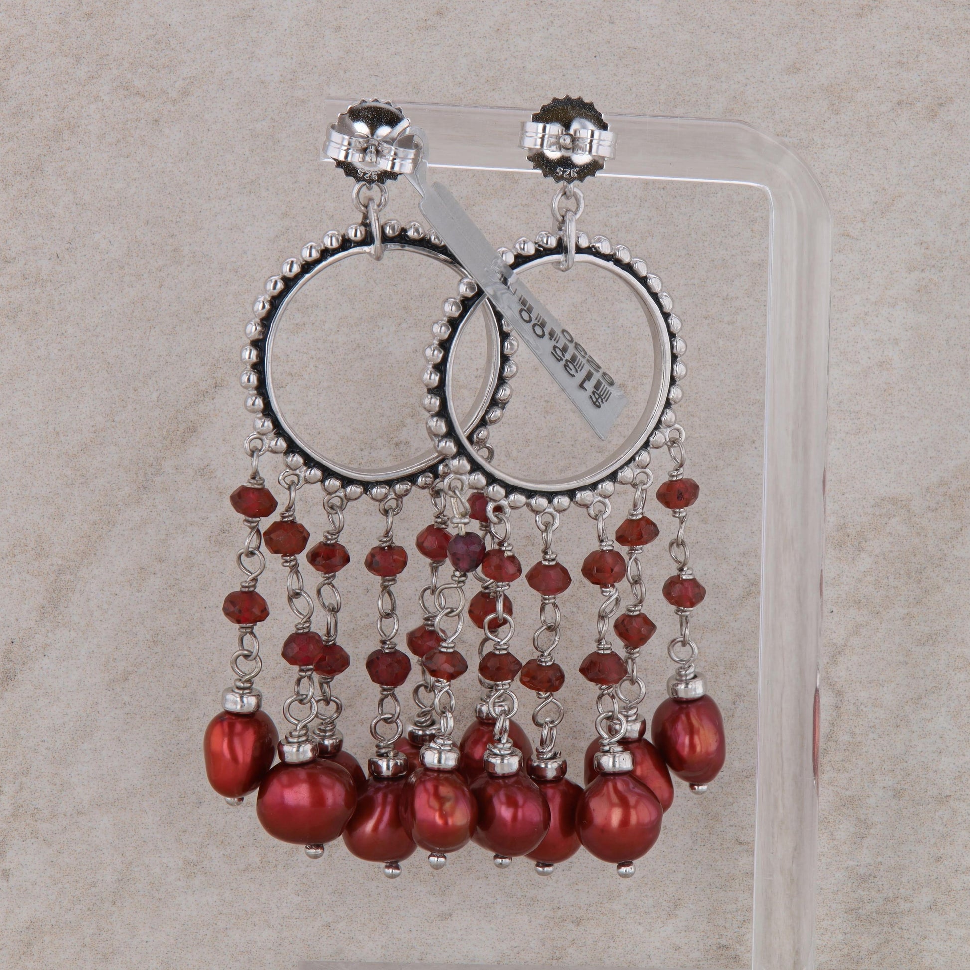 Sterling Silver Garnet Beaded Red Dyed Cultured Pearl Dangle Earrings