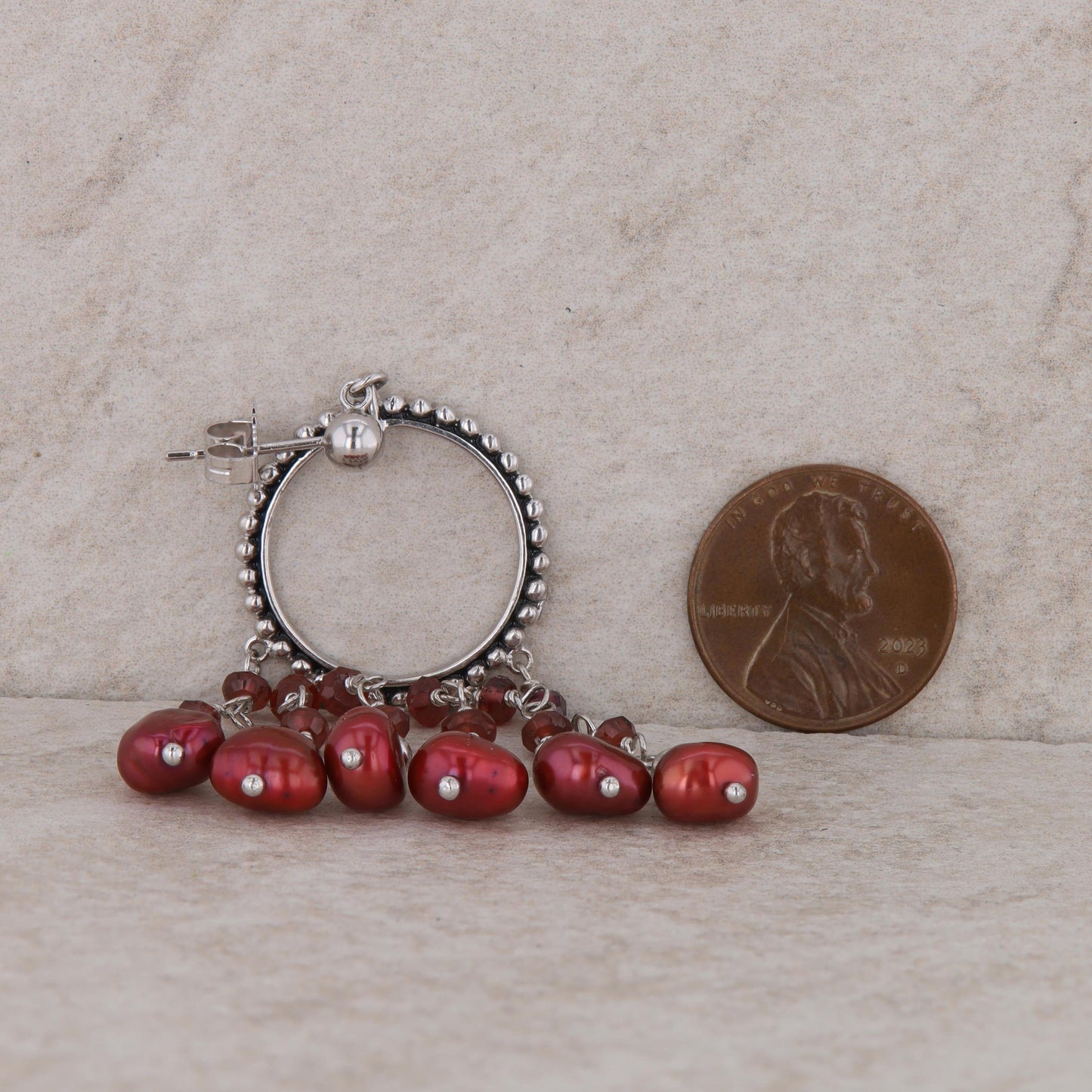 Sterling Silver Garnet Beaded Red Dyed Cultured Pearl Dangle Earrings