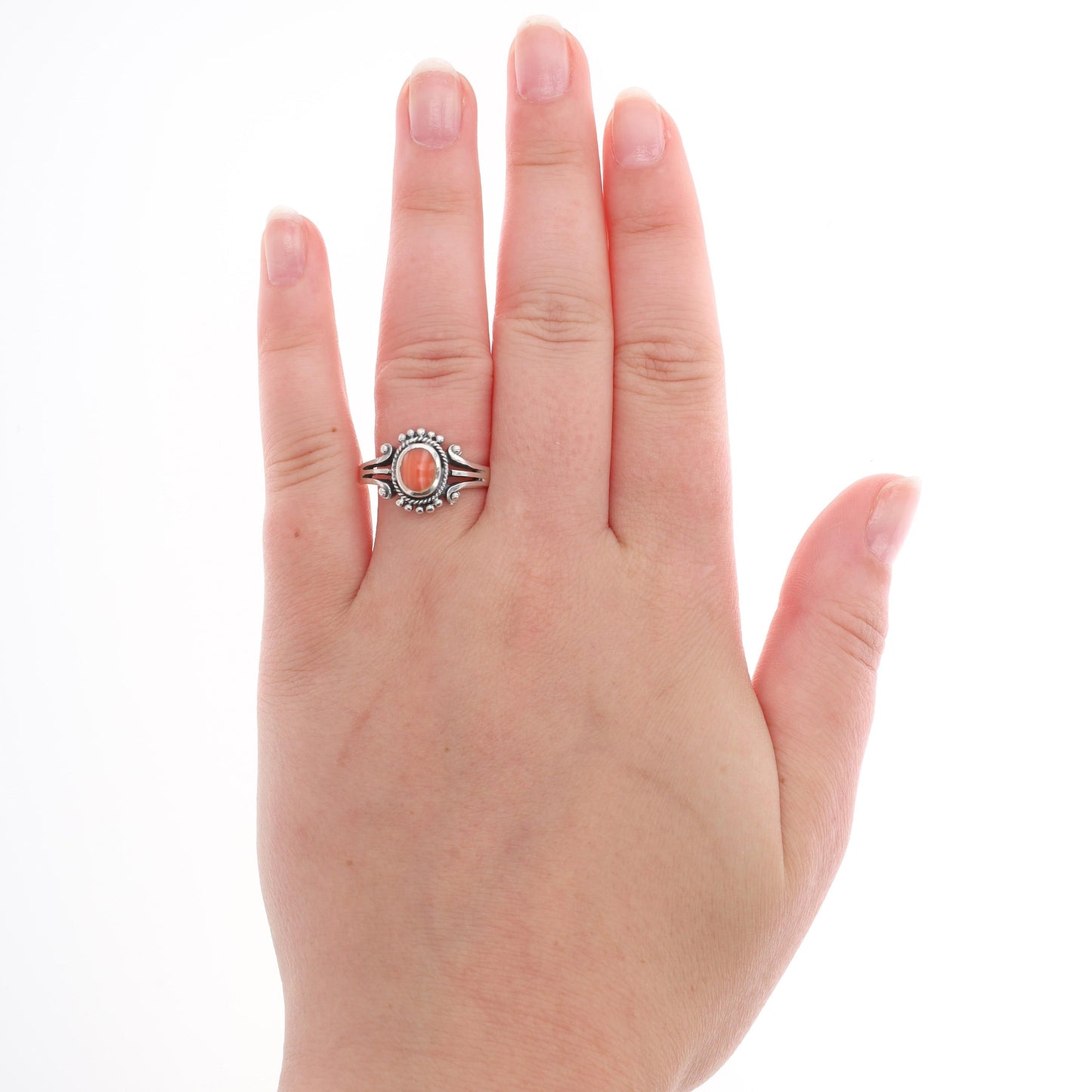 Sterling Silver Ladies Rhodochrosite Cabochon Beaded Ring