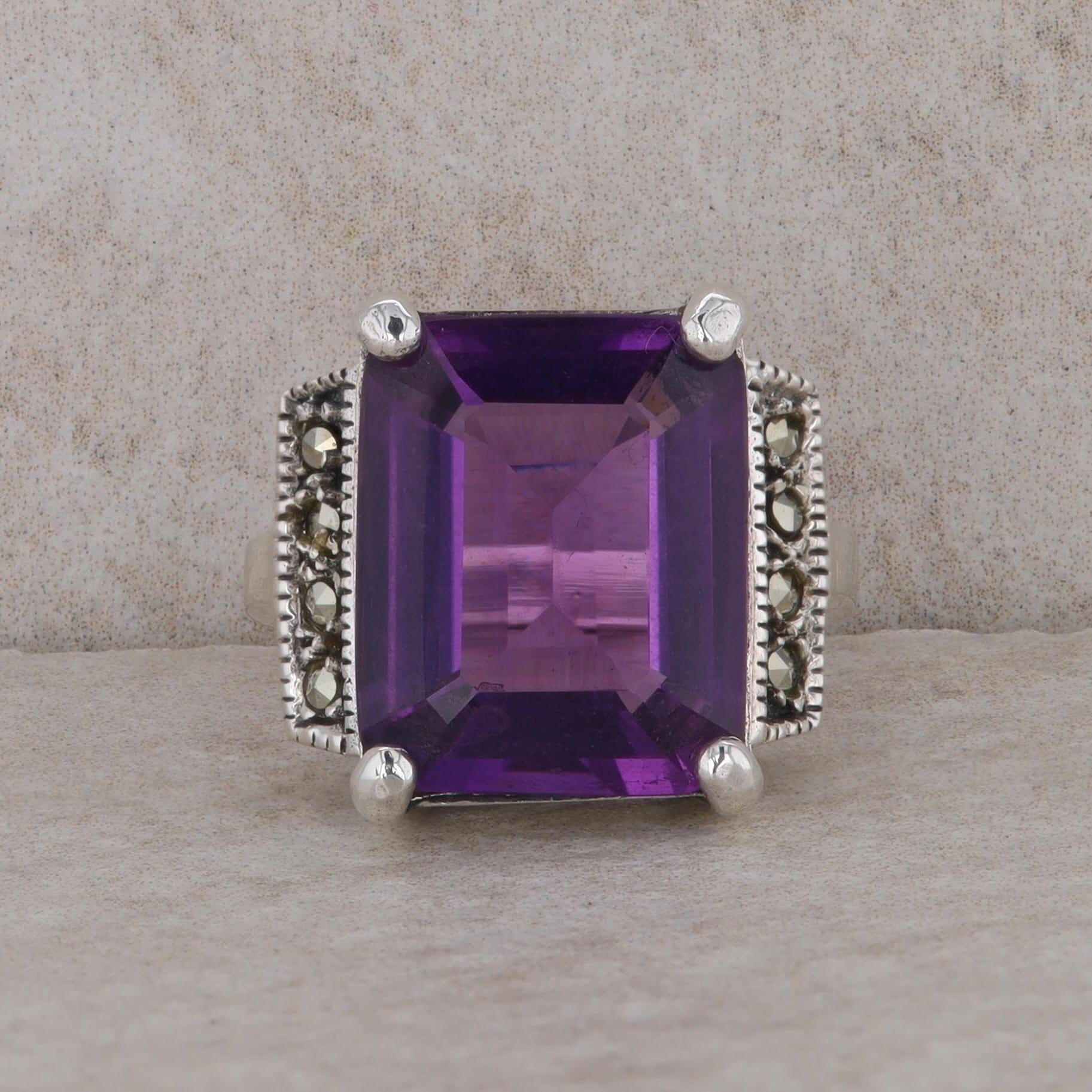 Sterling Silver Emerald Cut Amethyst and Marcasite Ring