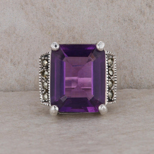 Sterling Silver Emerald Cut Amethyst and Marcasite Ring