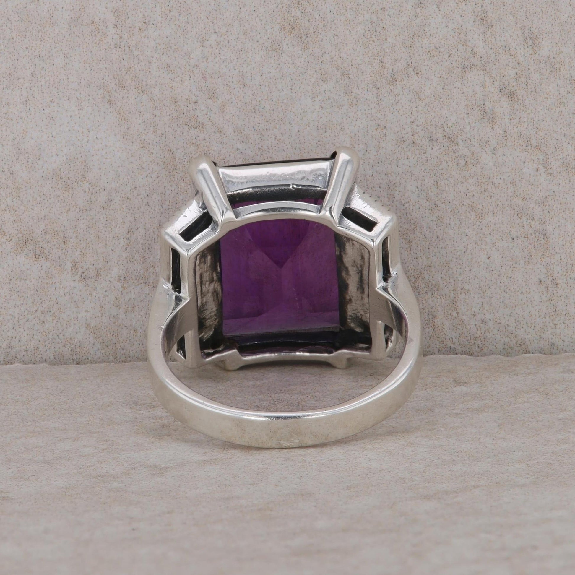 Sterling Silver Emerald Cut Amethyst and Marcasite Ring