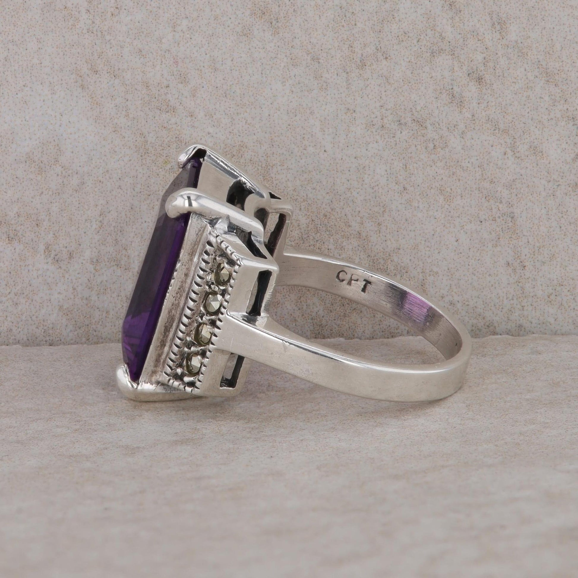 Sterling Silver Emerald Cut Amethyst and Marcasite Ring