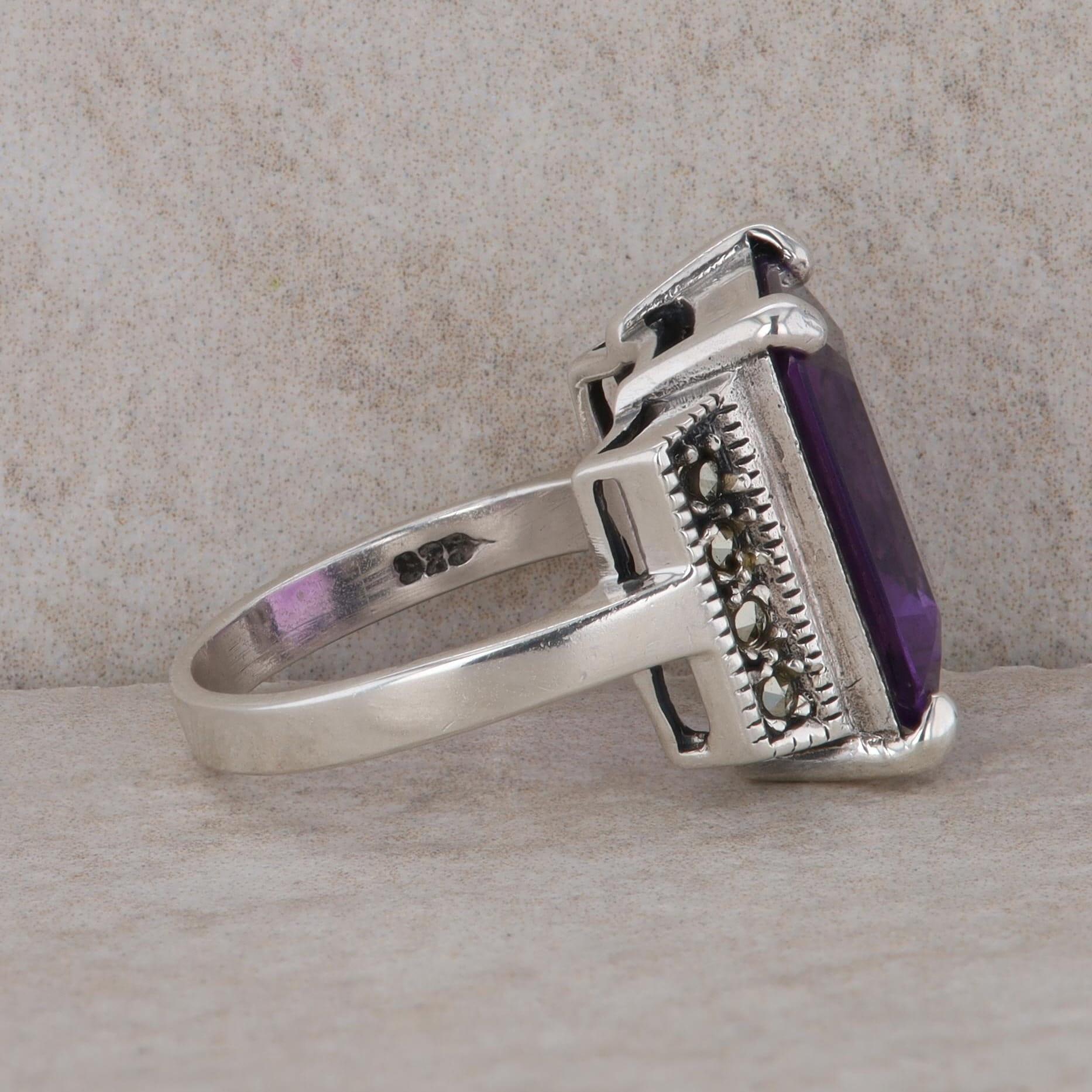 Sterling Silver Emerald Cut Amethyst and Marcasite Ring