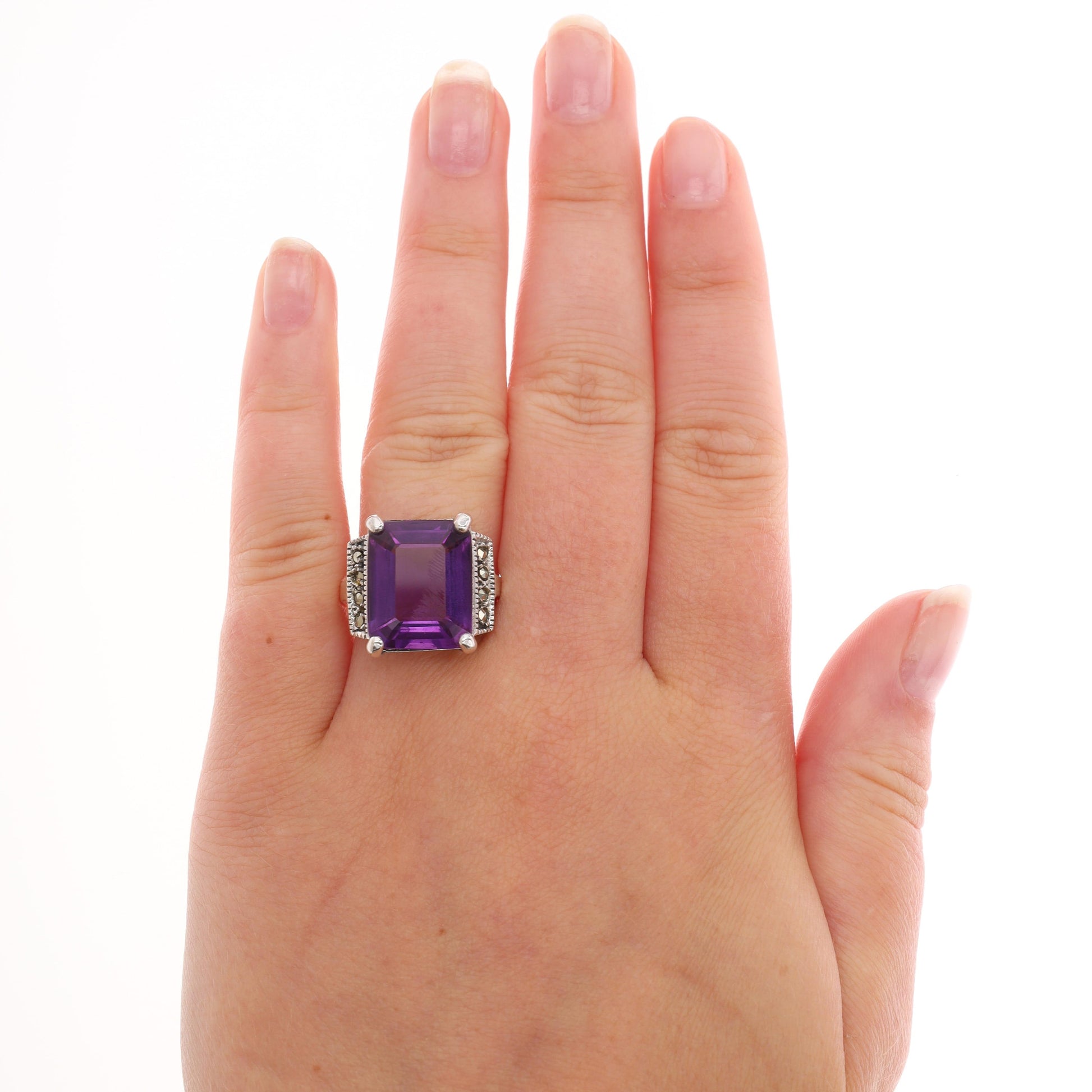 Sterling Silver Emerald Cut Amethyst and Marcasite Ring