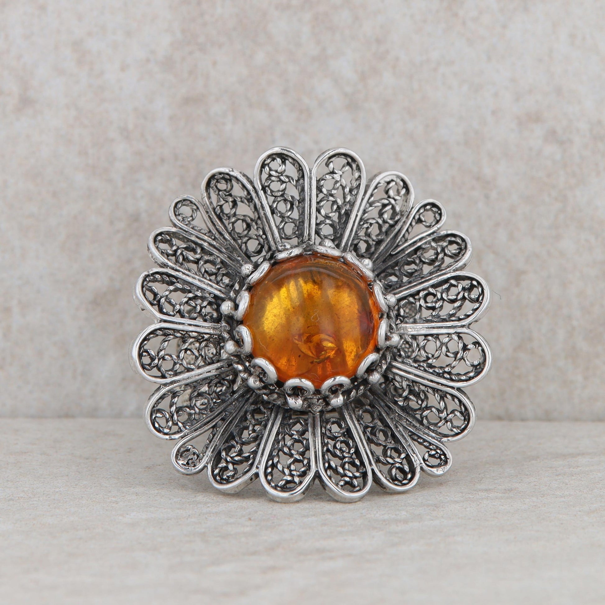 Sterling Silver Amber Cabochon Floral Statement Ring