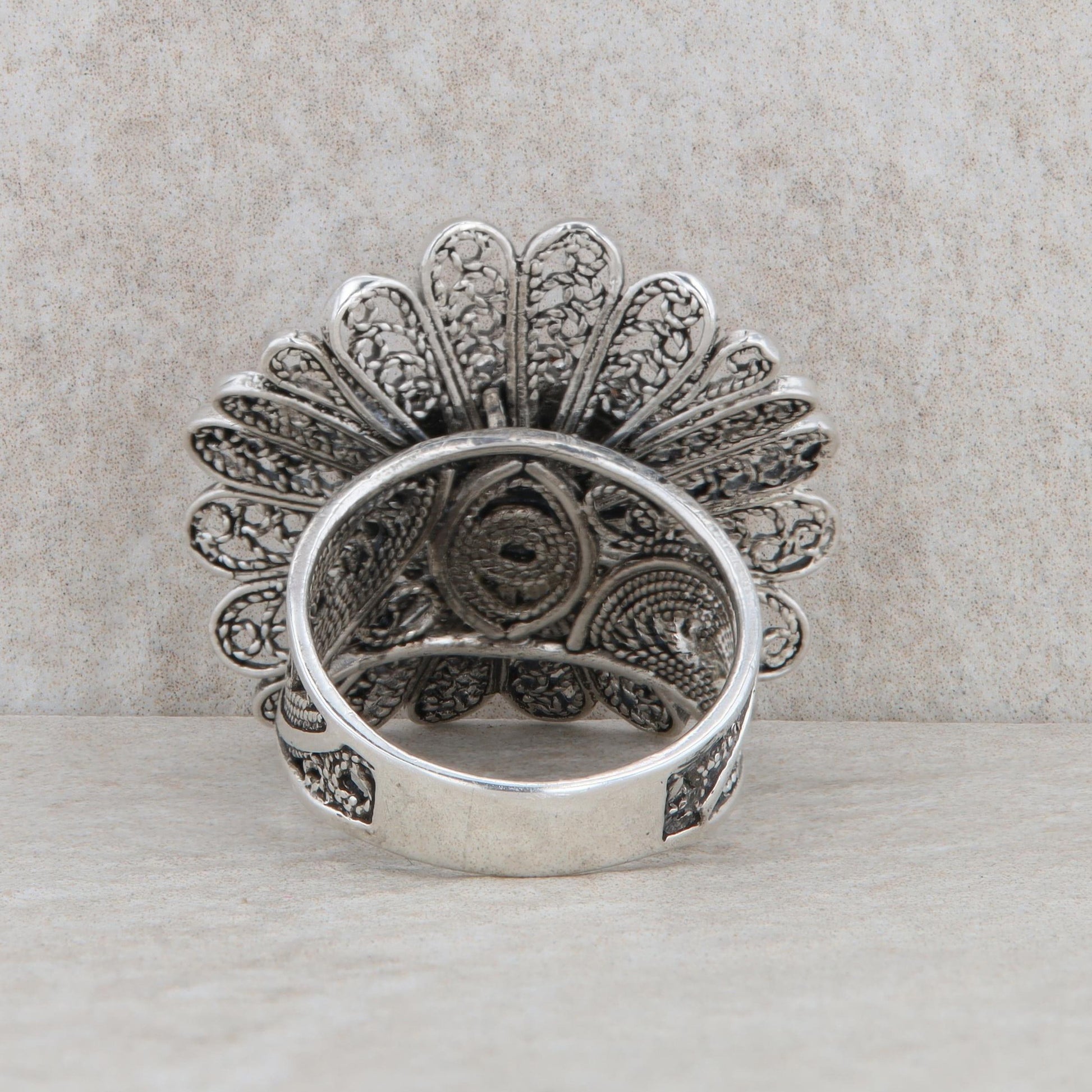 Sterling Silver Amber Cabochon Floral Statement Ring