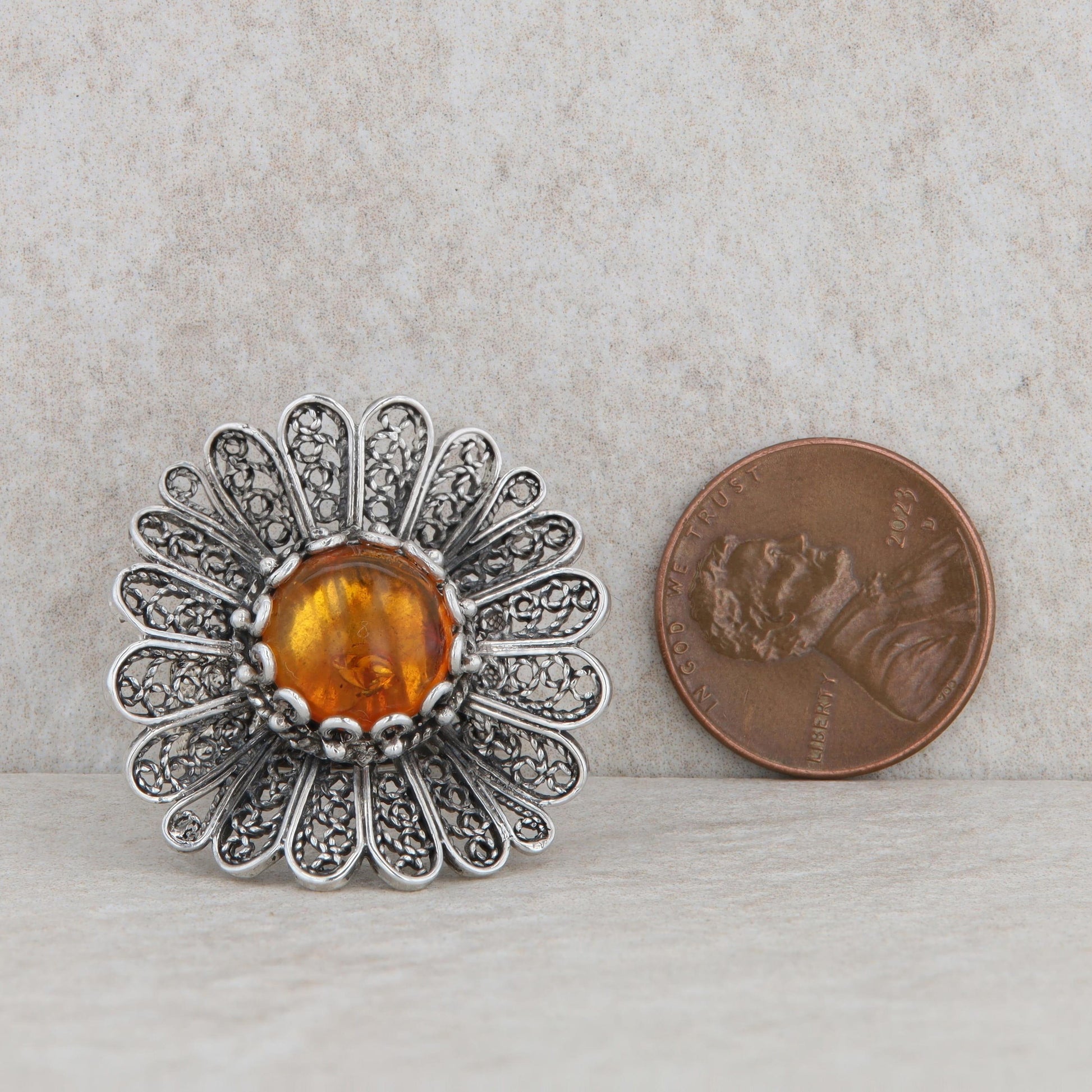 Sterling Silver Amber Cabochon Floral Statement Ring