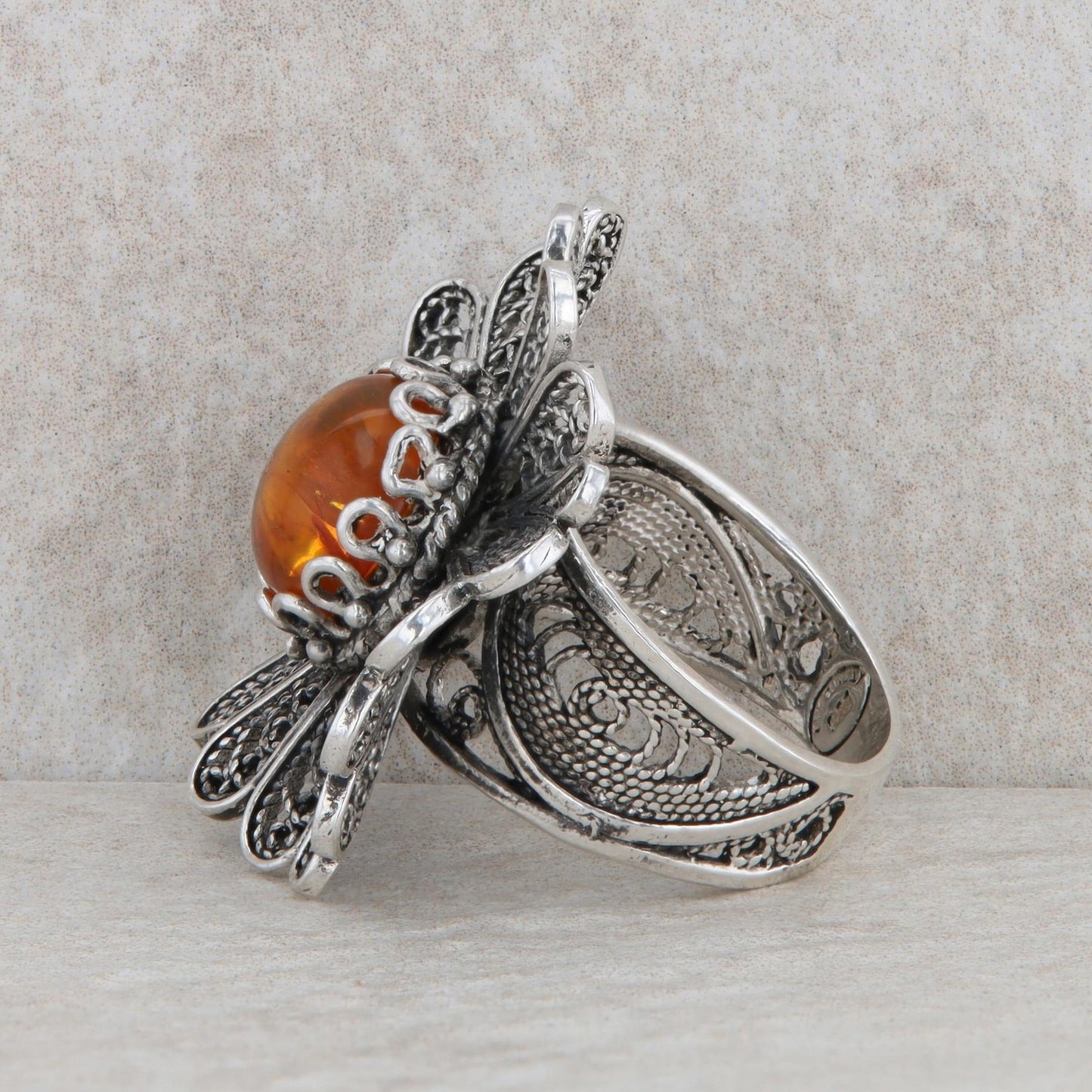 Sterling Silver Amber Cabochon Floral Statement Ring