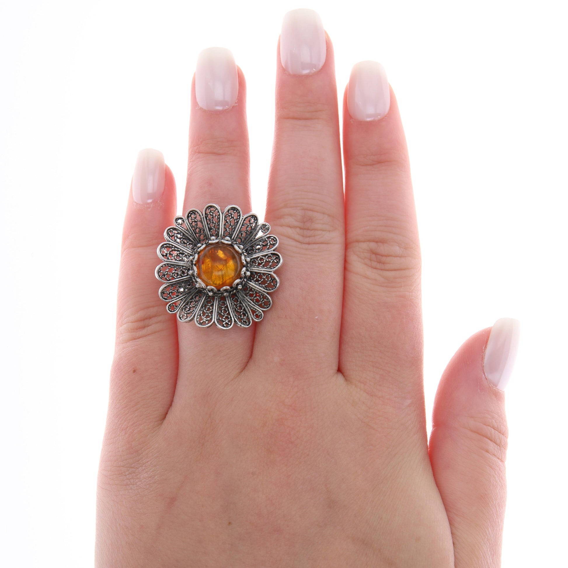 Sterling Silver Amber Cabochon Floral Statement Ring