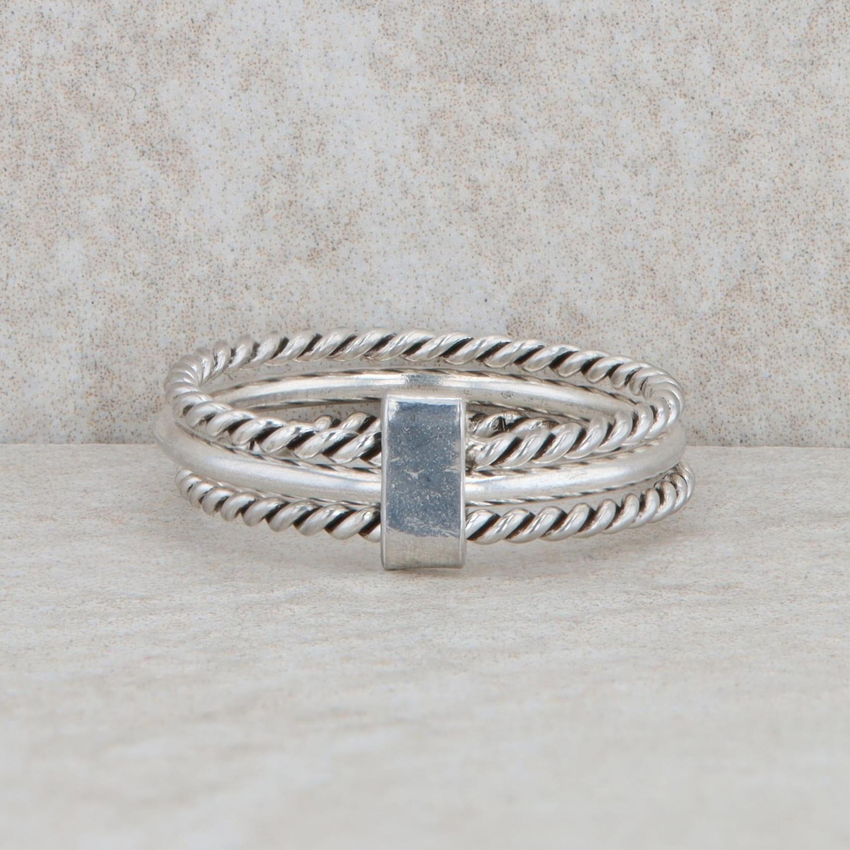 Sterling Silver Three Row Polished and Textured Rope Band