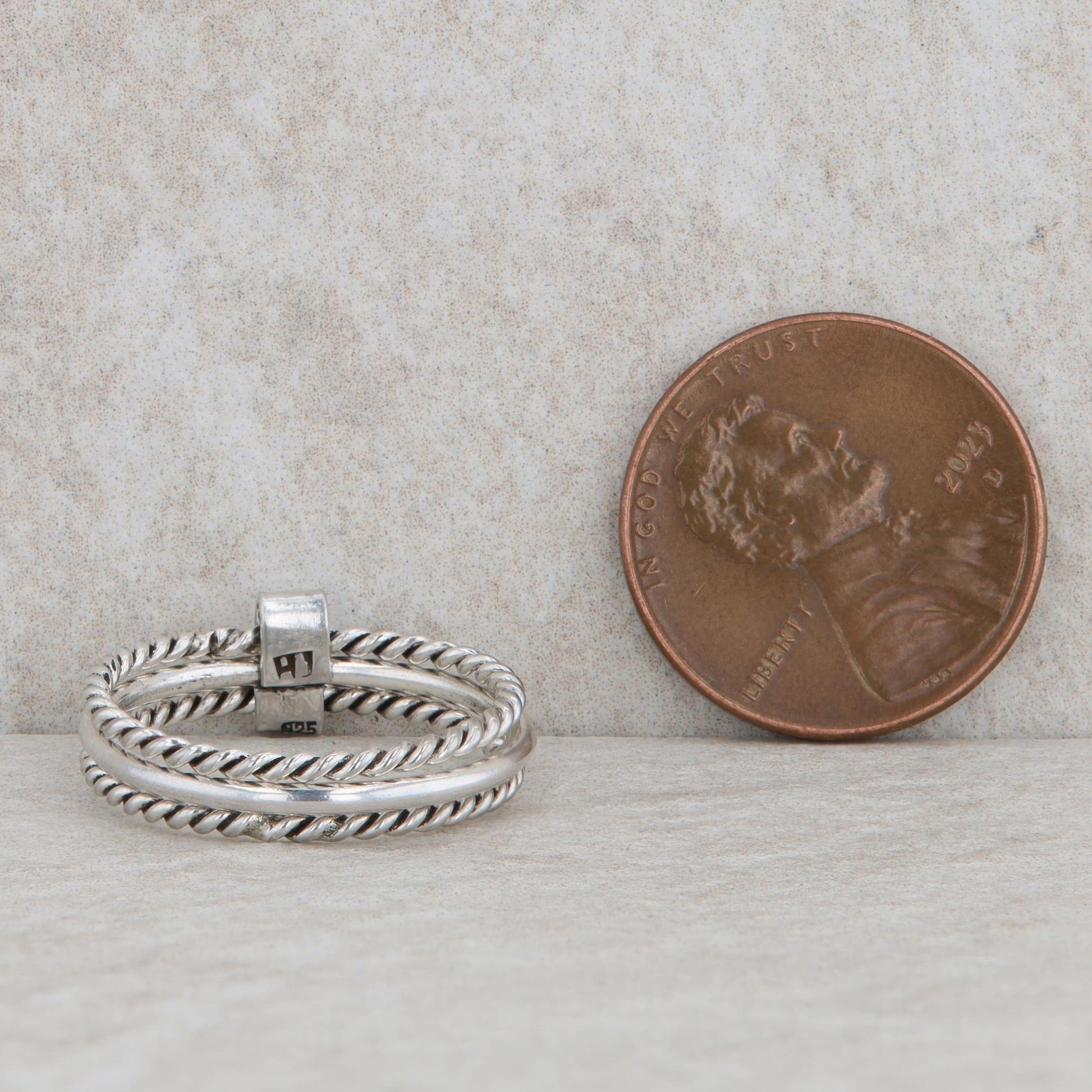 Sterling Silver Three Row Polished and Textured Rope Band