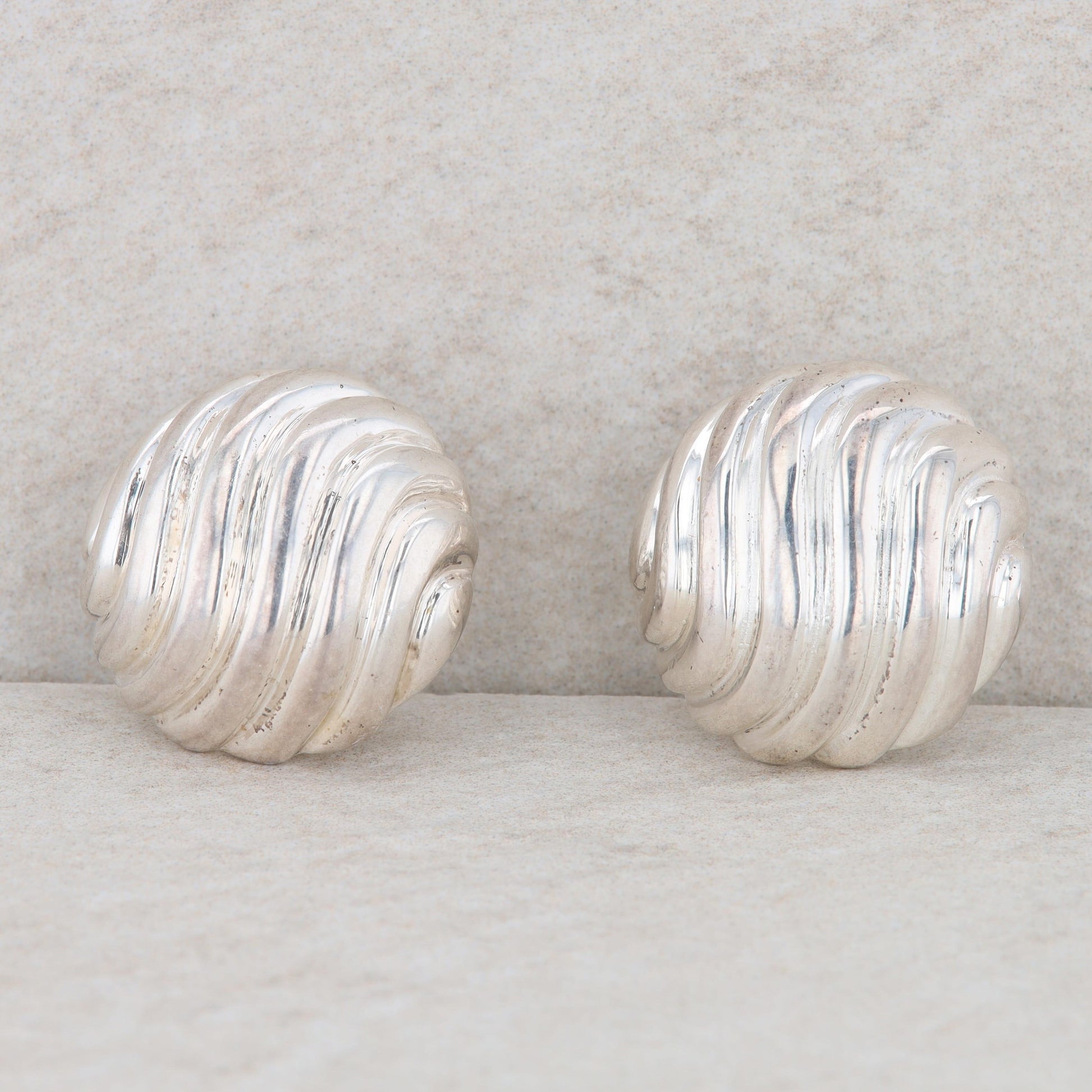 Sterling Silver Round Domed Wave Texture Omega Back Earrings