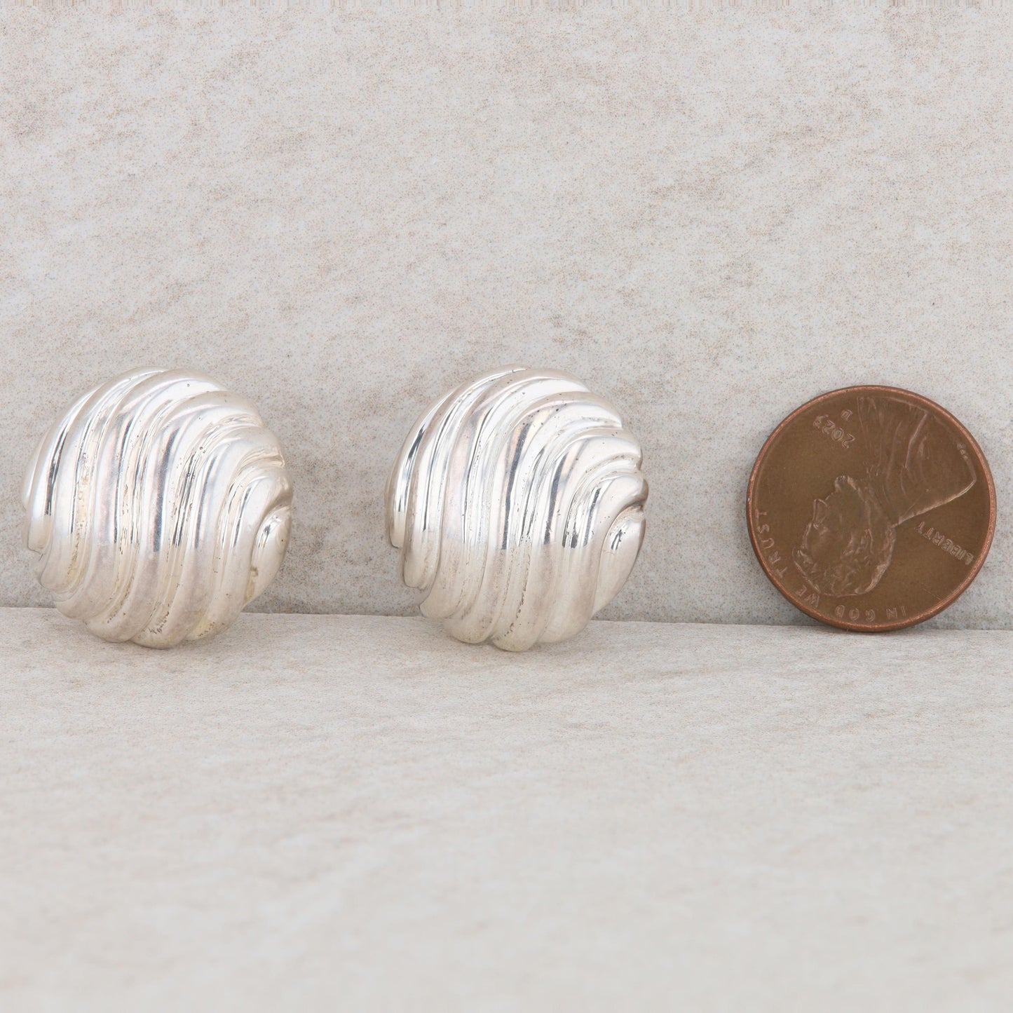 Sterling Silver Round Domed Wave Texture Omega Back Earrings