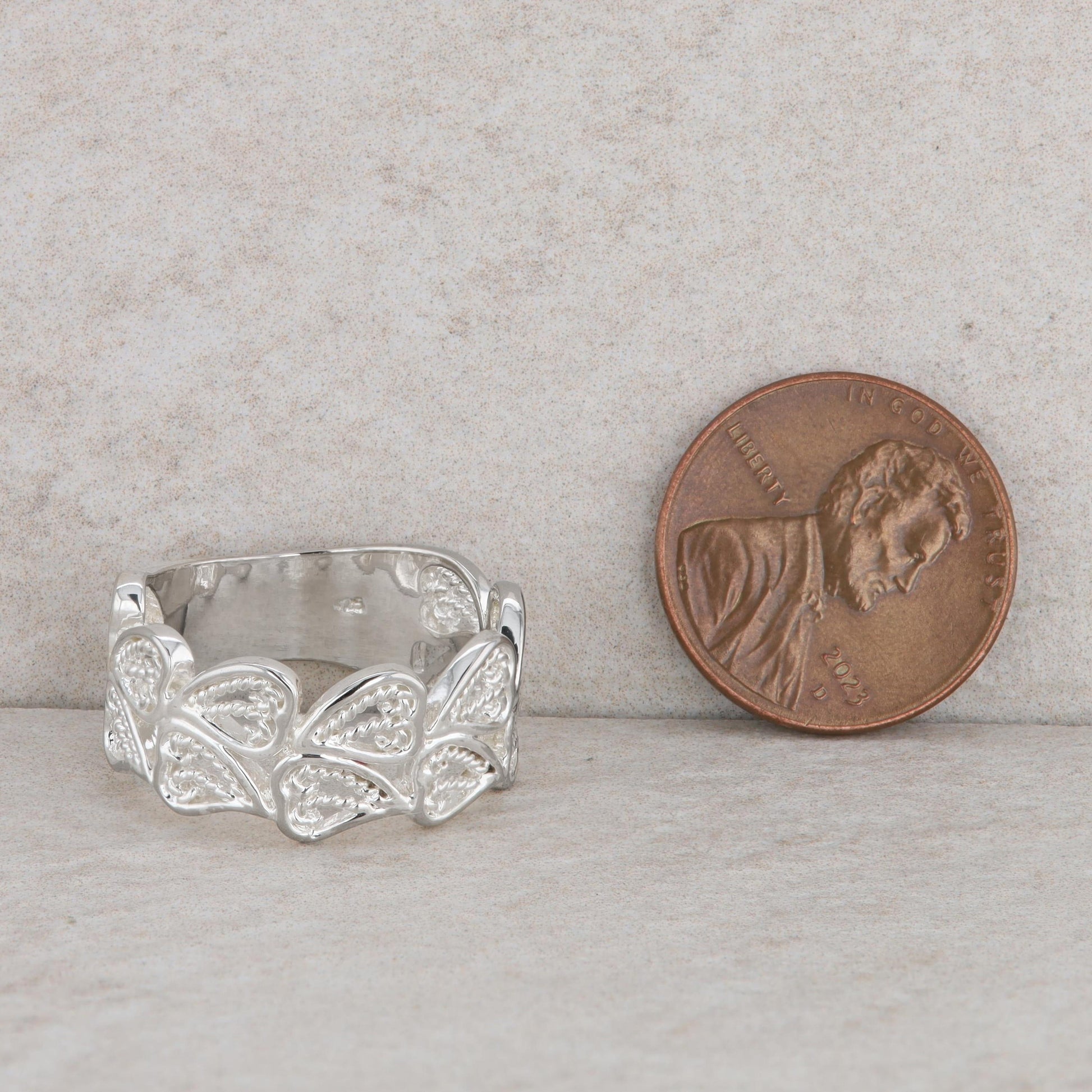 Sterling Silver Double Row Heart Wide Band 4.7g